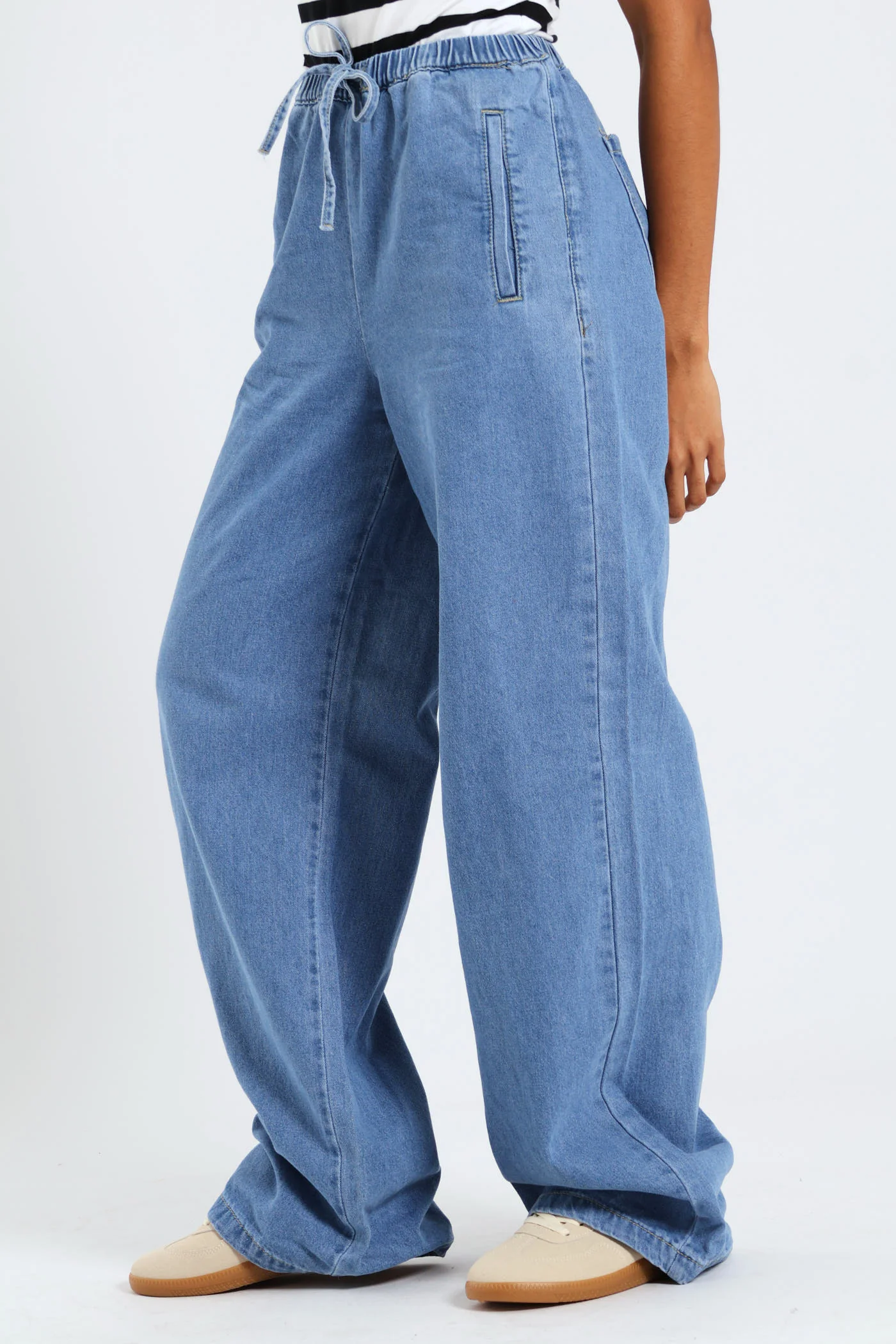 Drawcord Wide Leg Denim - Mid Blue - Image 3