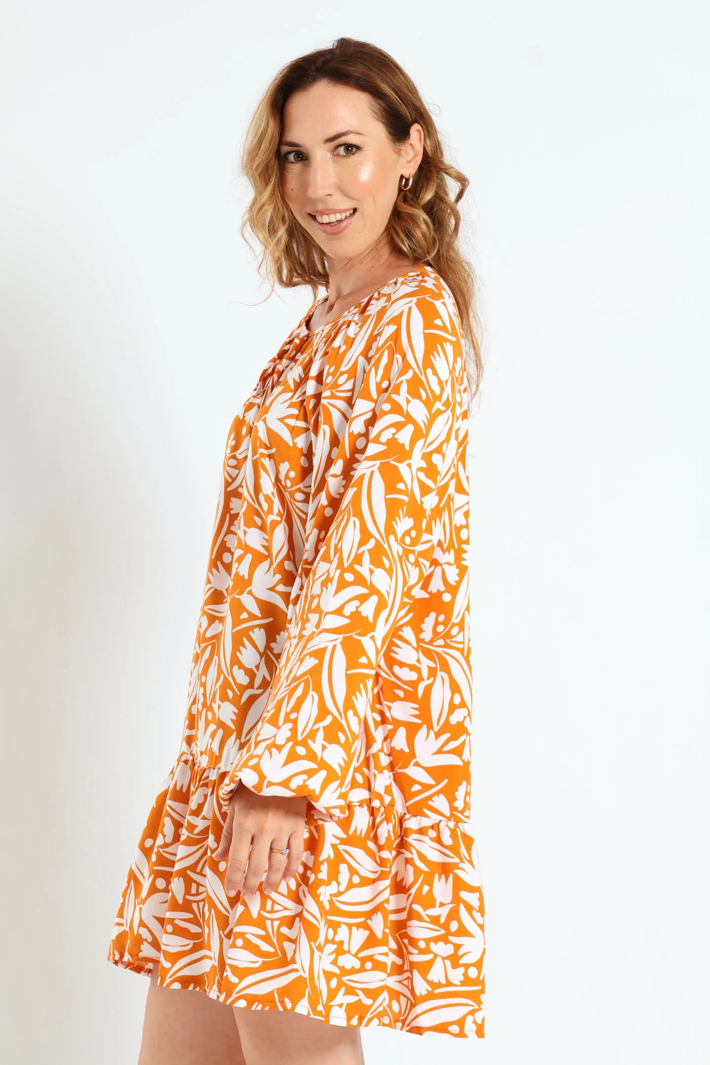 Drop Hem Shift Dress - White/Orange - Image 4