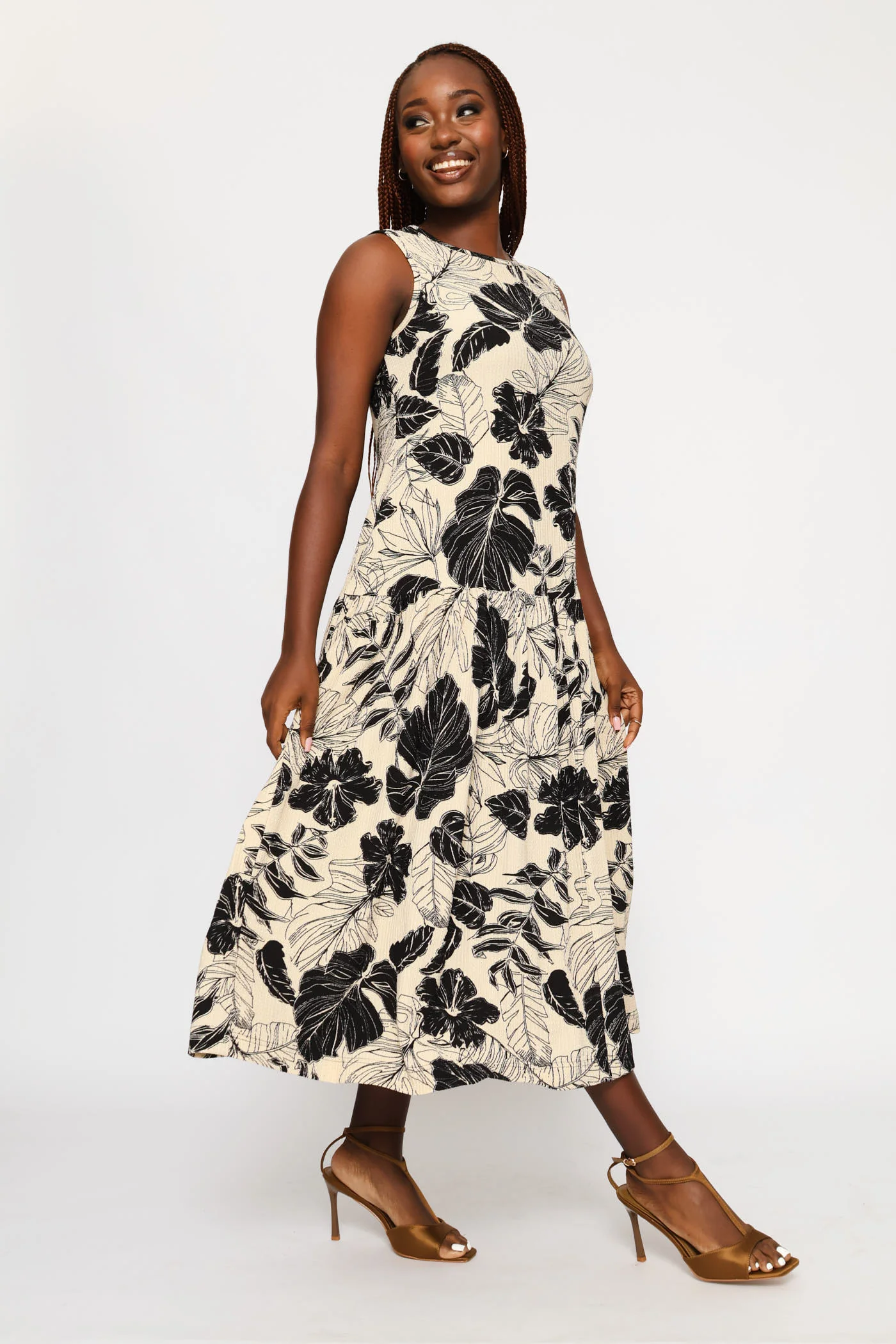 Drop Waist Crinkle Midaxi Dress - Stone/Black - Image 2