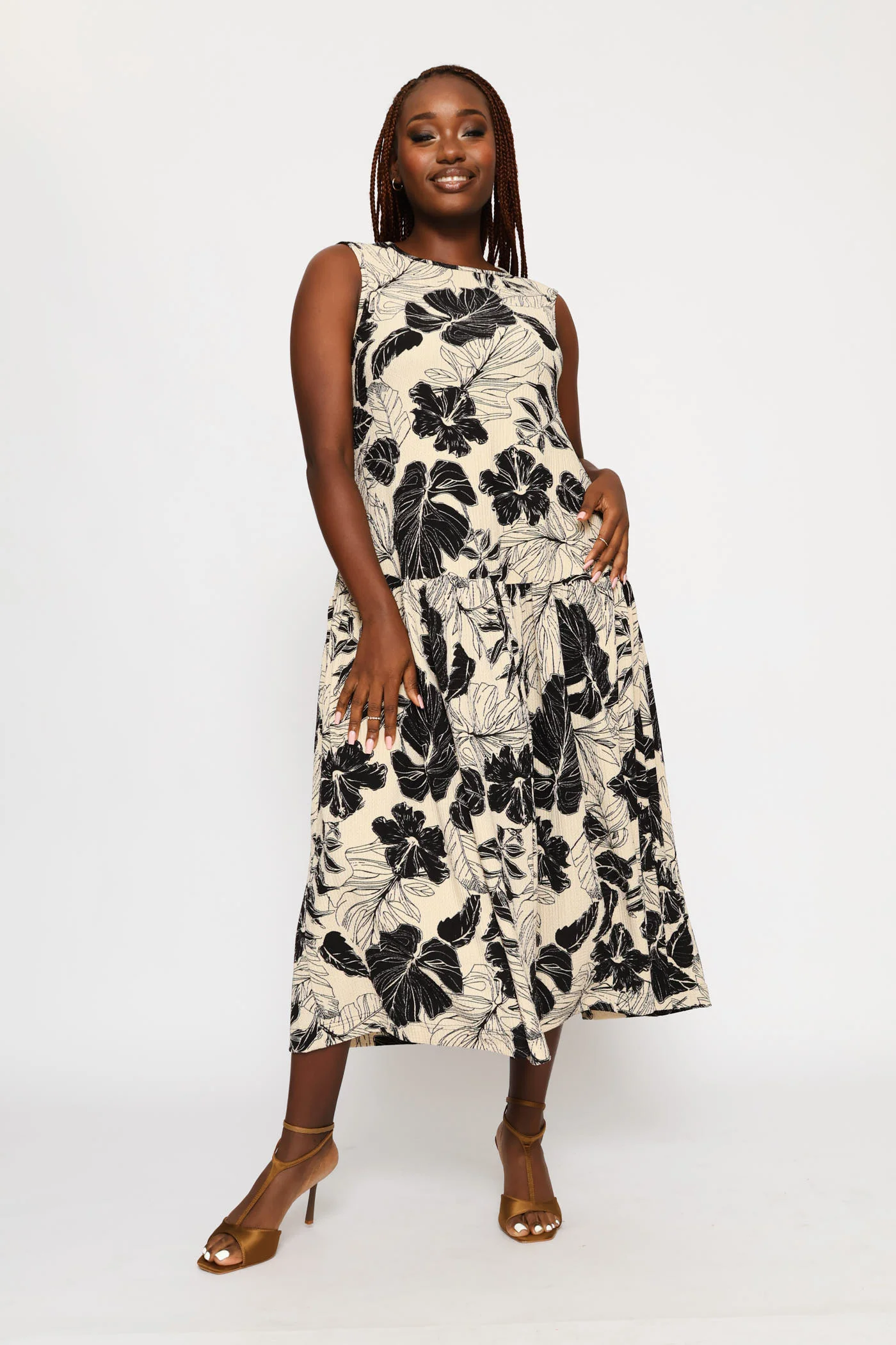 Drop Waist Crinkle Midaxi Dress - Stone/Black - Image 3