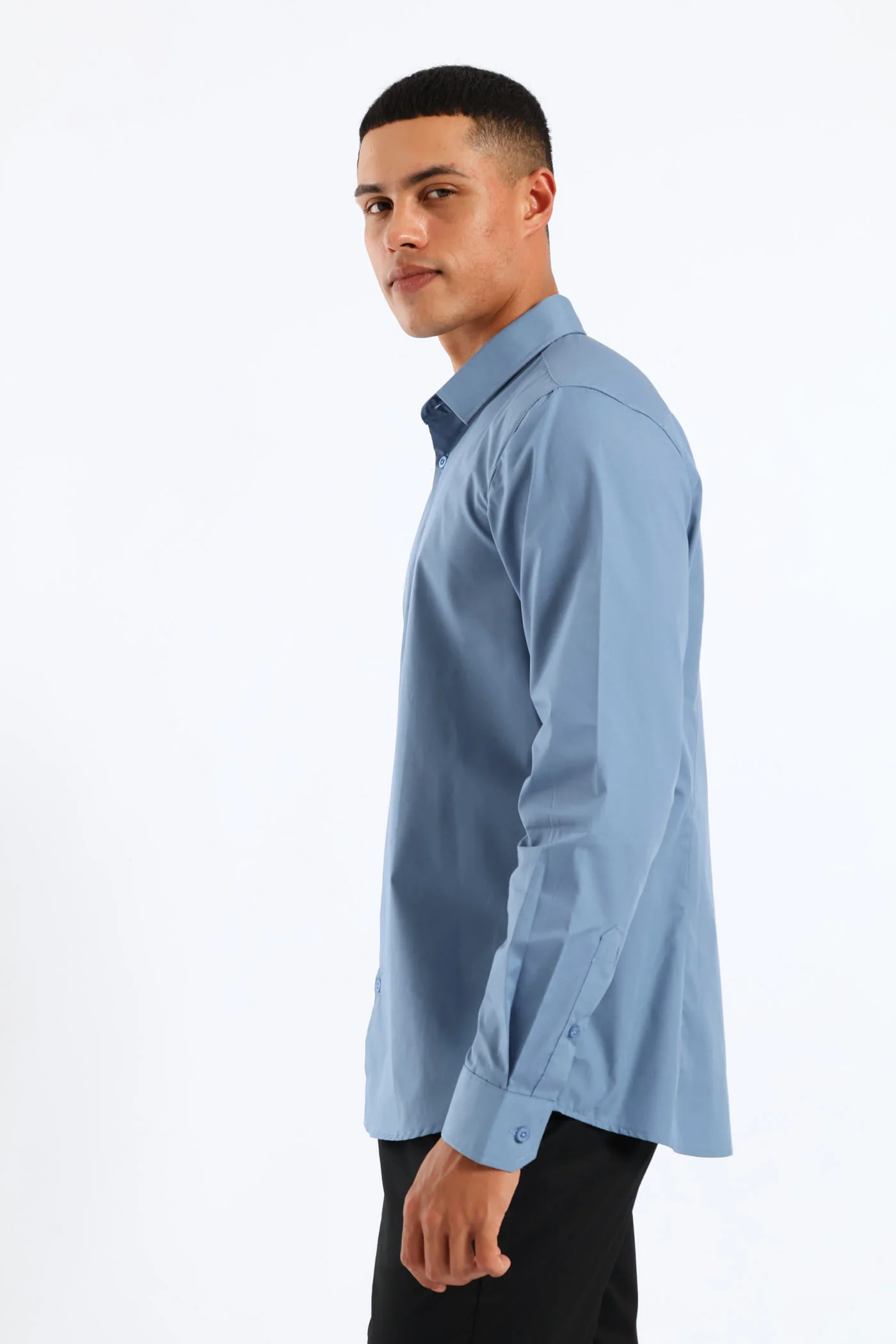 Easy Care Long Sleeve Shirt - Mid Blue - Image 3