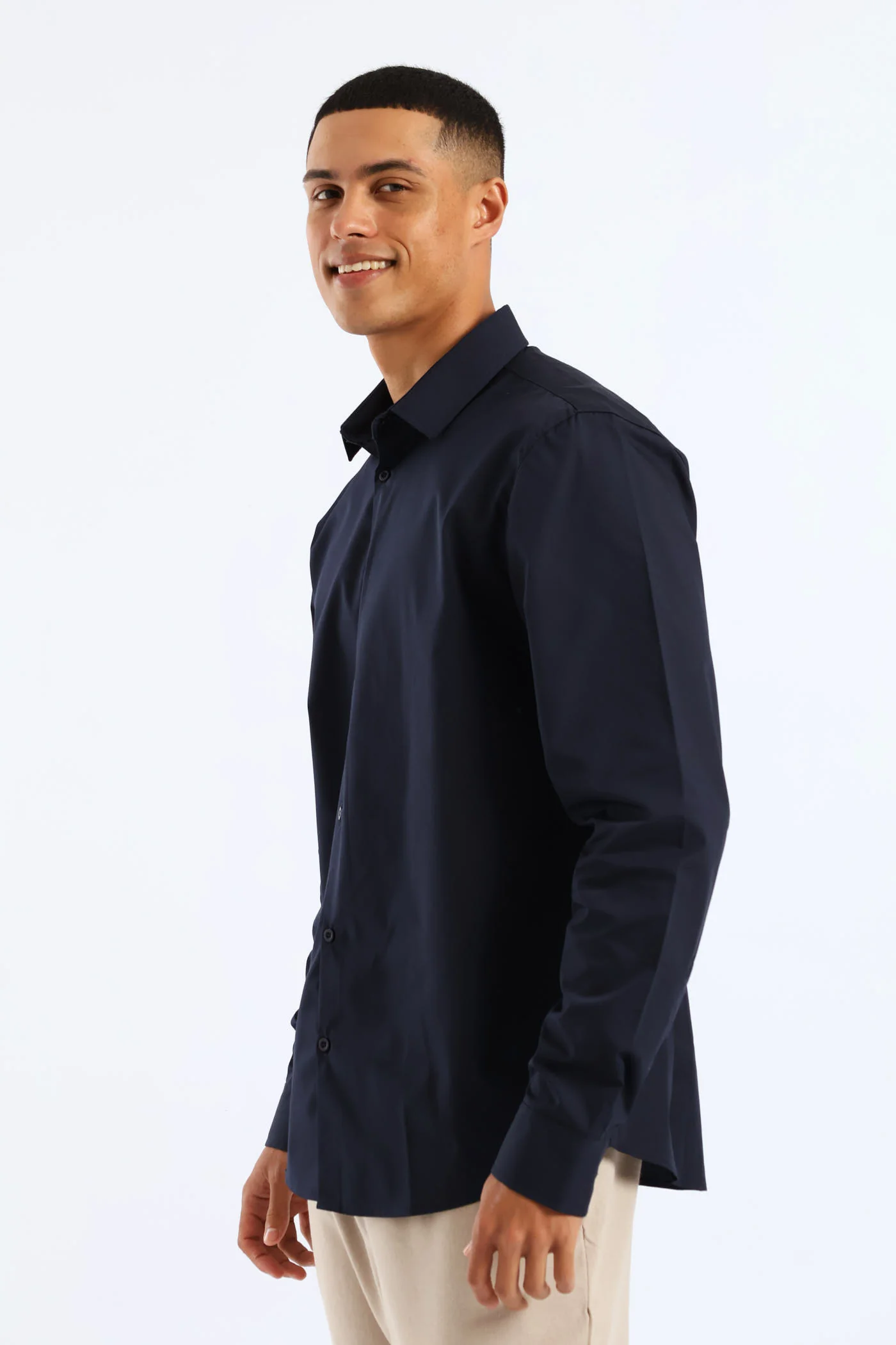 Slim Fit Easy Care Long Sleeve Shirt - Navy - Image 3