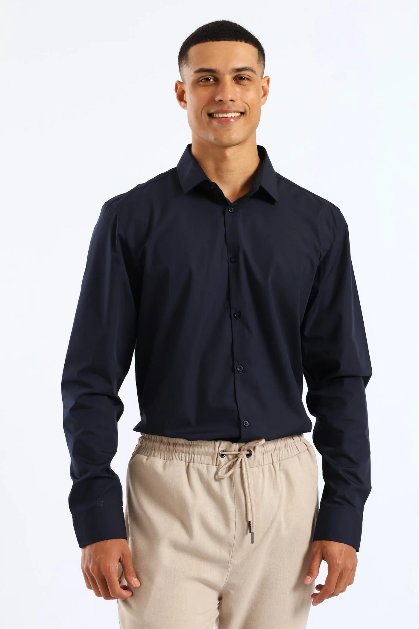 Slim Fit Easy Care Long Sleeve Shirt - Navy - Image 5