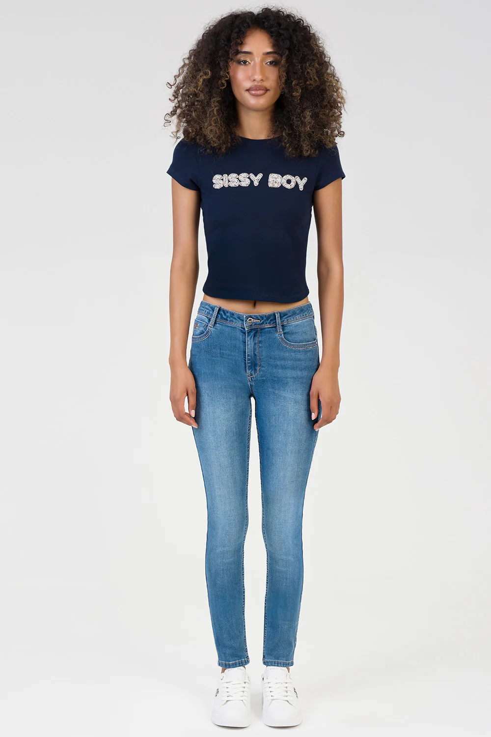 Elana Embossed Logo Mid Waist Skinny Denim - Med Wash - Image 2