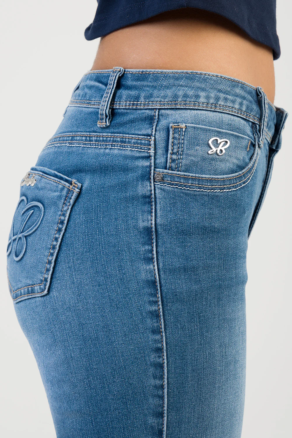 Elana Embossed Logo Mid Waist Skinny Denim - Med Wash - Image 4