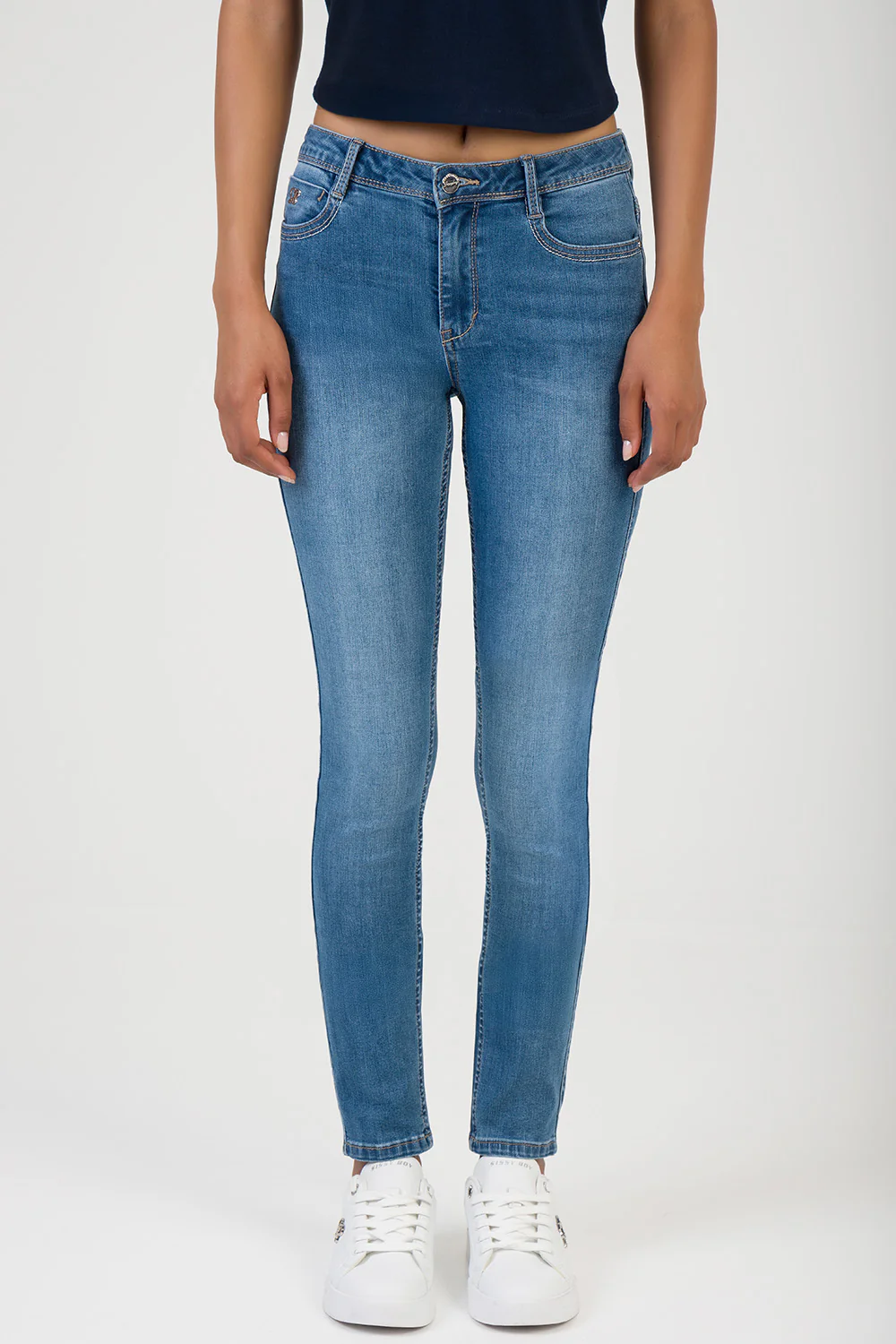 Elana Embossed Logo Mid Waist Skinny Denim - Med Wash - Image 5