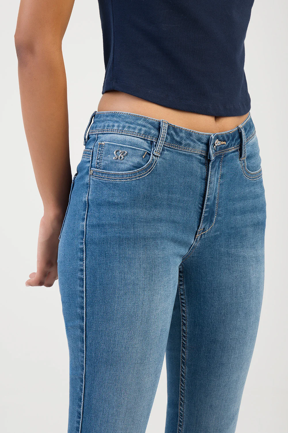 Elana Embossed Logo Mid Waist Skinny Denim - Med Wash - Image 6