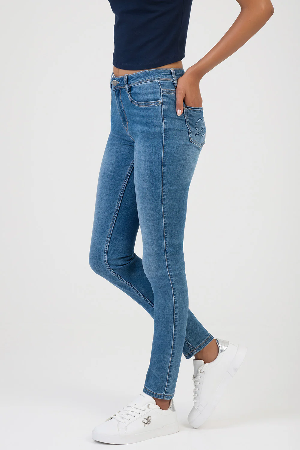 Elana Embossed Logo Mid Waist Skinny Denim - Med Wash - Image 7