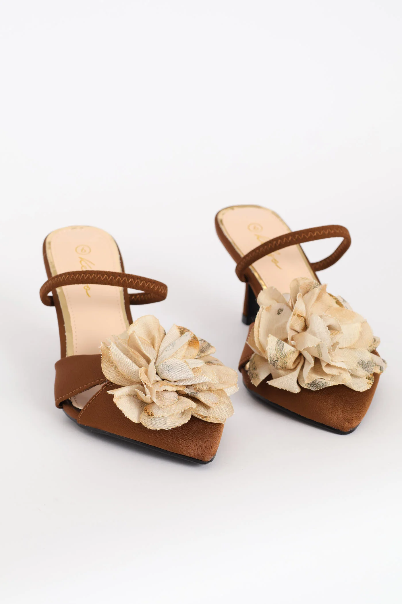 Elastic Strap Flower Trim Mule Heel - Brown - Image 4