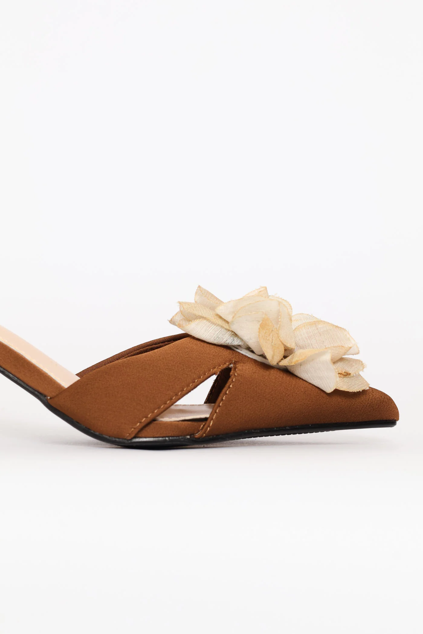 Elastic Strap Flower Trim Mule Heel - Brown - Image 5
