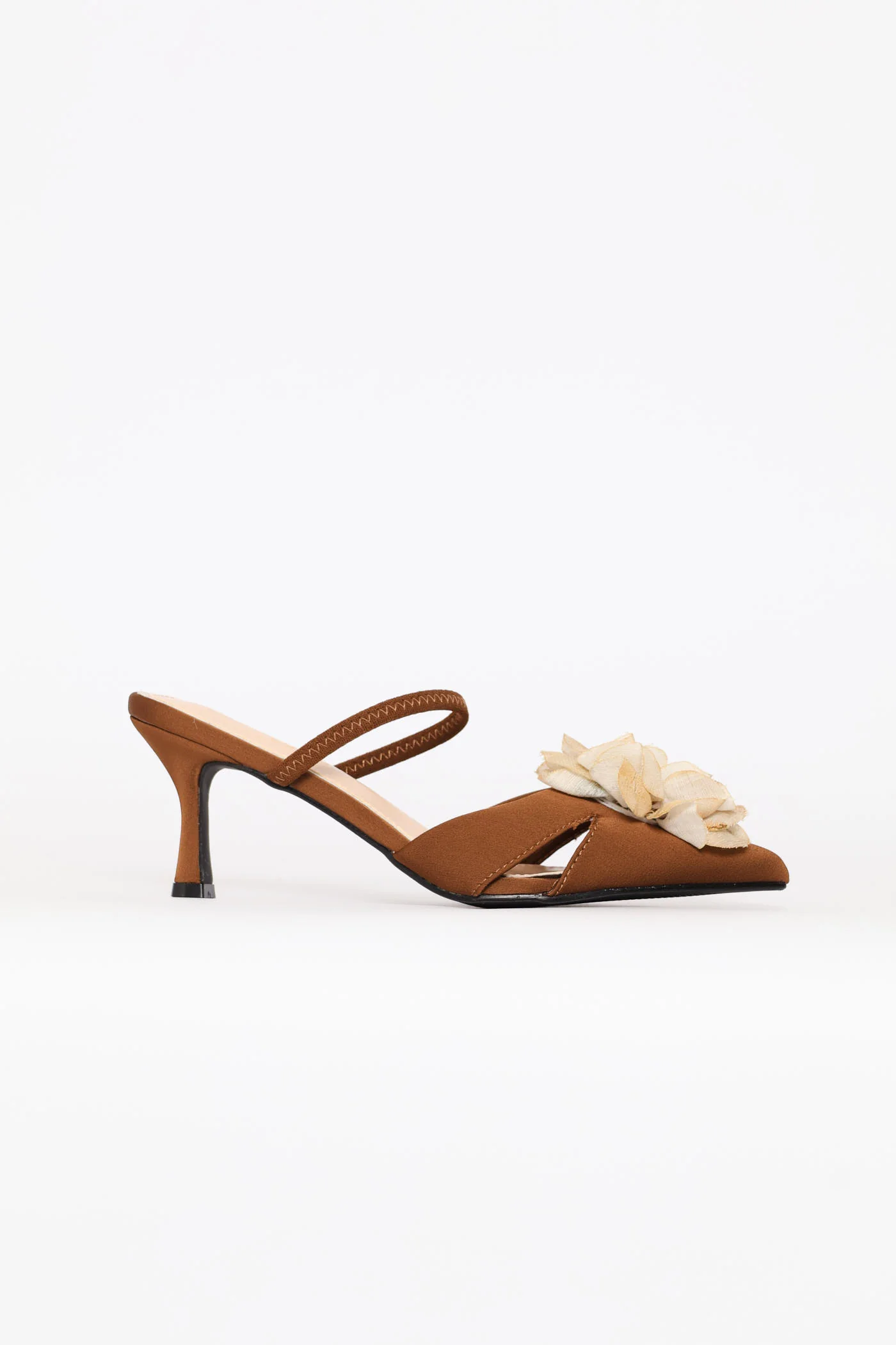 Elastic Strap Flower Trim Mule Heel - Brown - Image 6