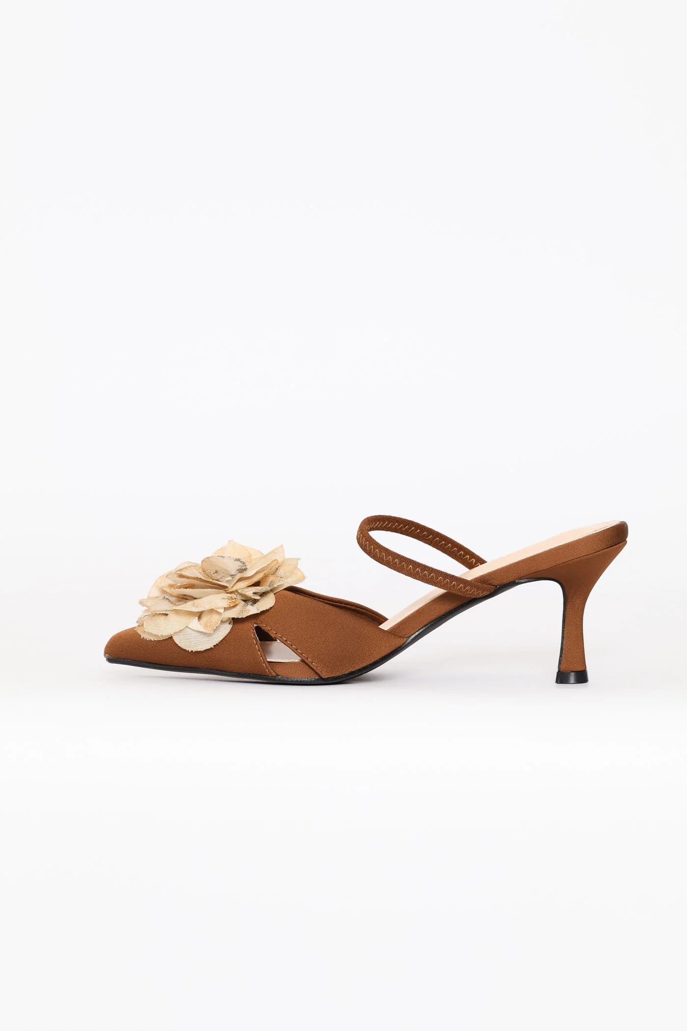 Elastic Strap Flower Trim Mule Heel - Brown - Image 7