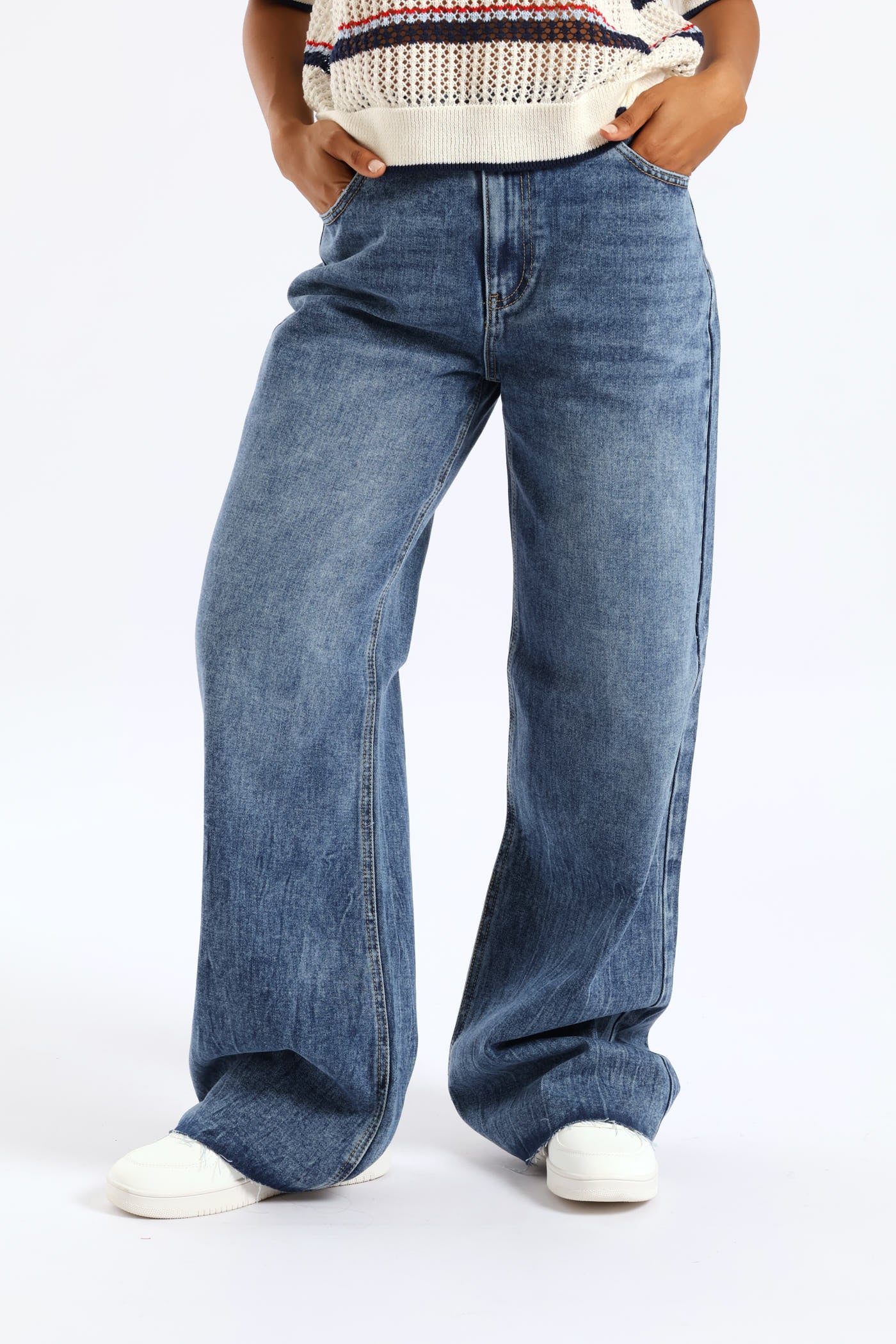 Elastic Waist Wide Leg Raw Hem Denim - Salty Mid Wash - Image 2