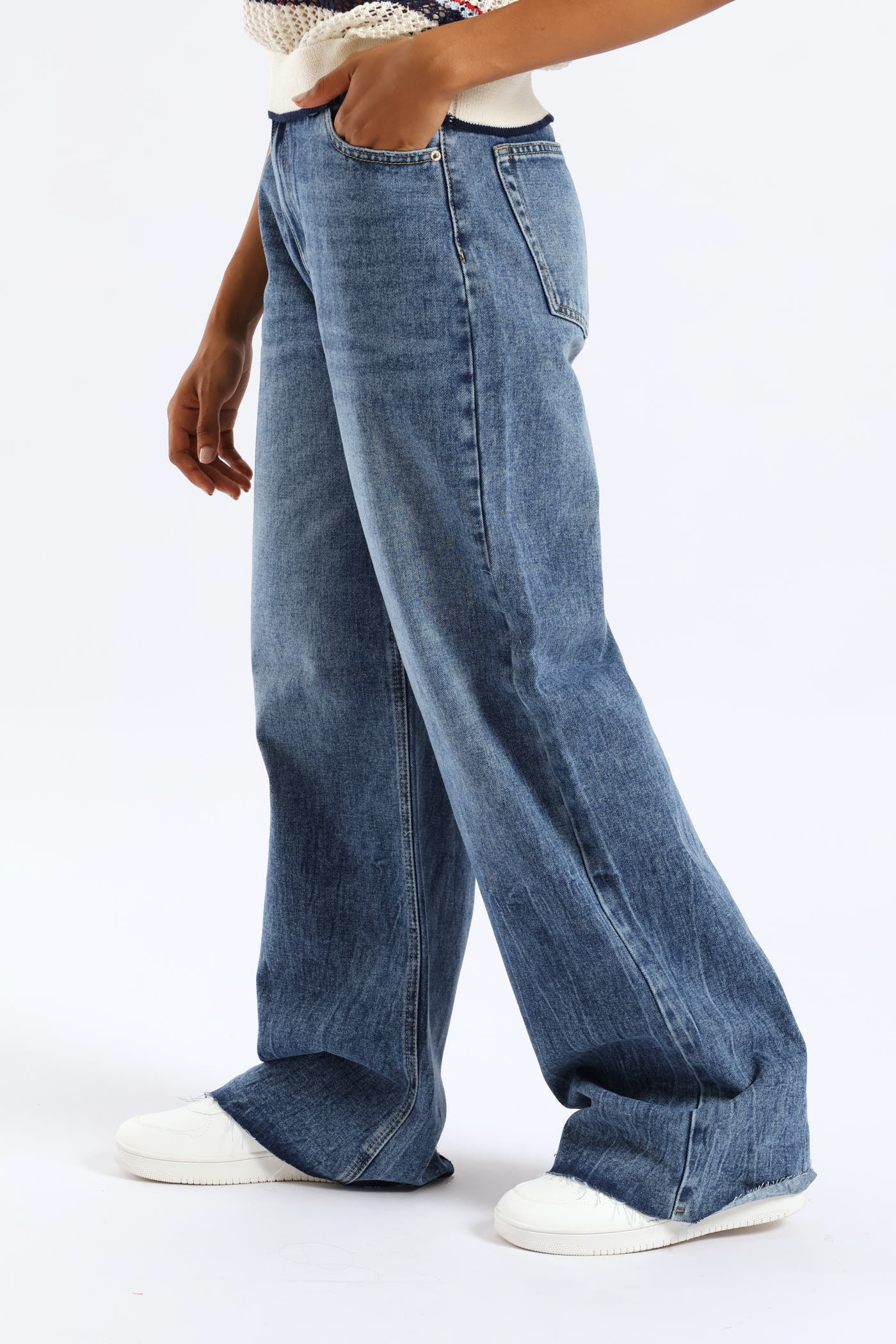 Elastic Waist Wide Leg Raw Hem Denim - Salty Mid Wash - Image 3