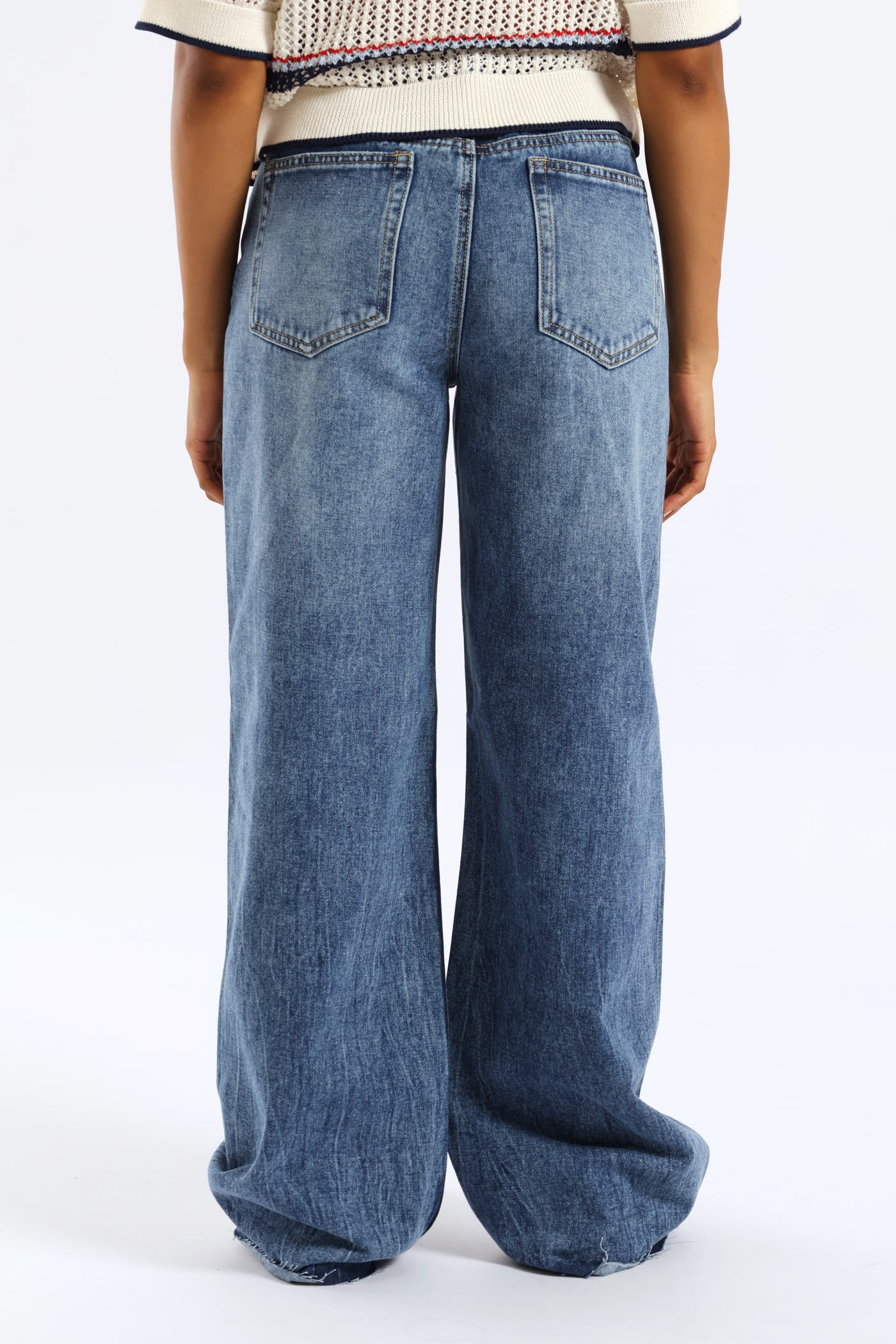 Elastic Waist Wide Leg Raw Hem Denim - Salty Mid Wash - Image 4