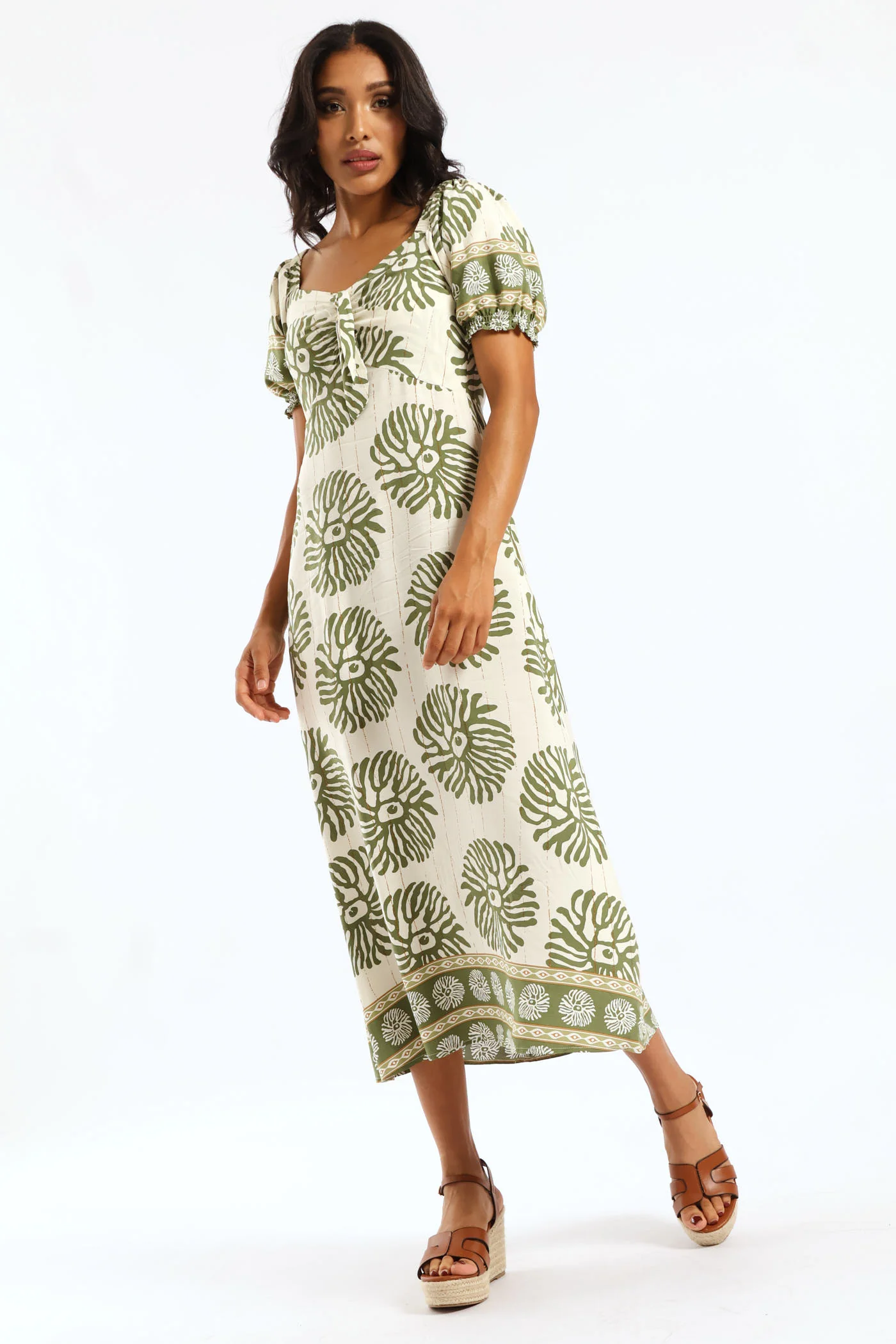Elasticated Cuffed Tie Front Maxi Dress - Multi - Image 3