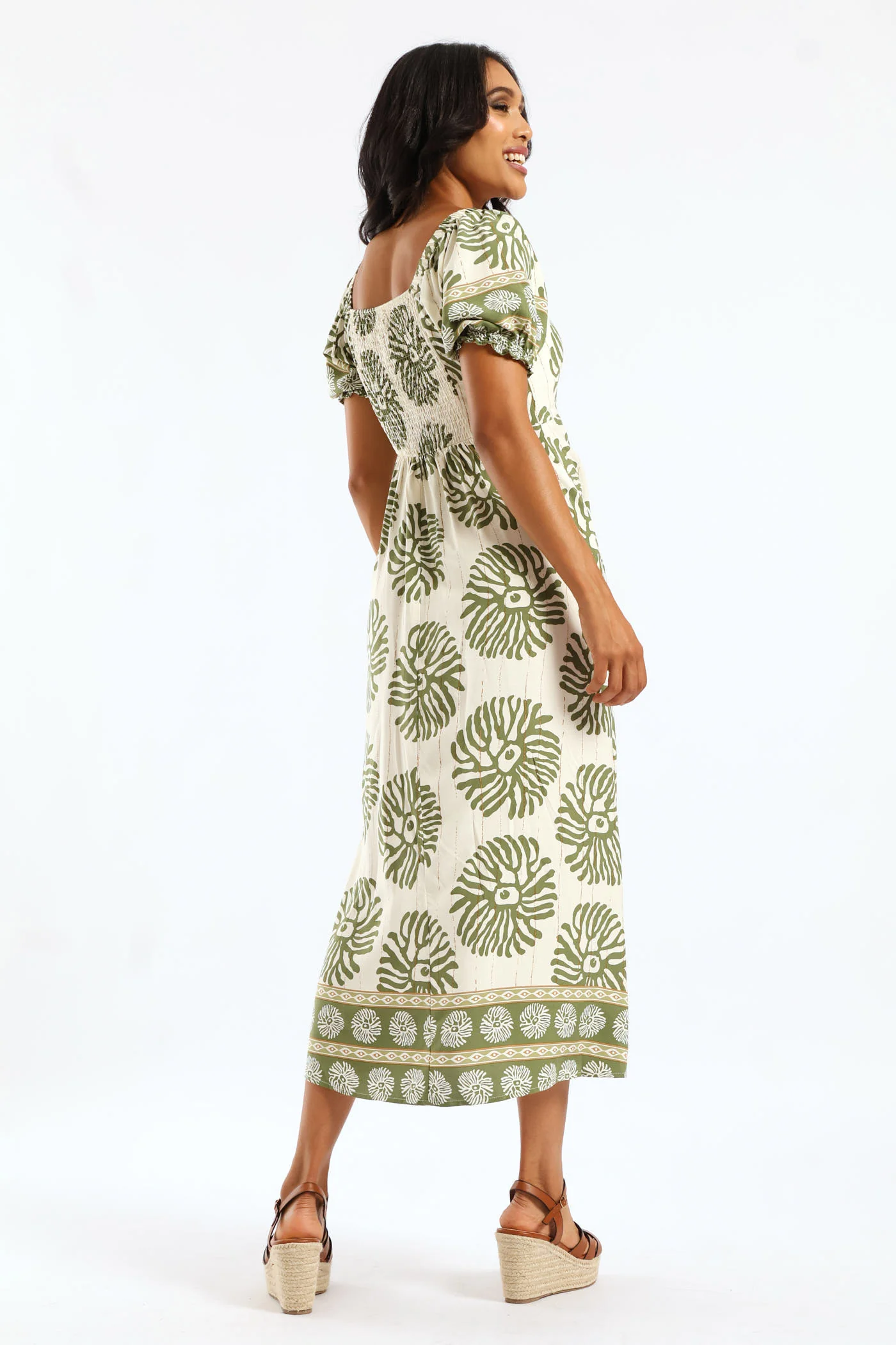 Elasticated Cuffed Tie Front Maxi Dress - Multi - Image 4