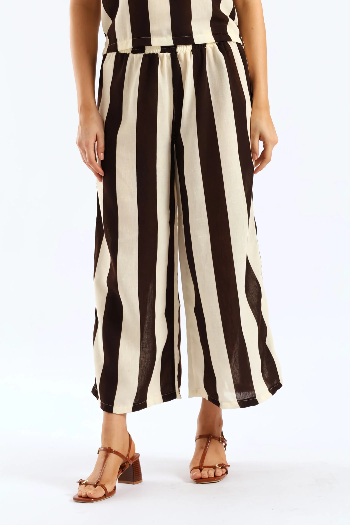 Elasticated Tie-Front Pull-On Bold Stripe Culotte Pant - Cream/Chocolate - Image 2