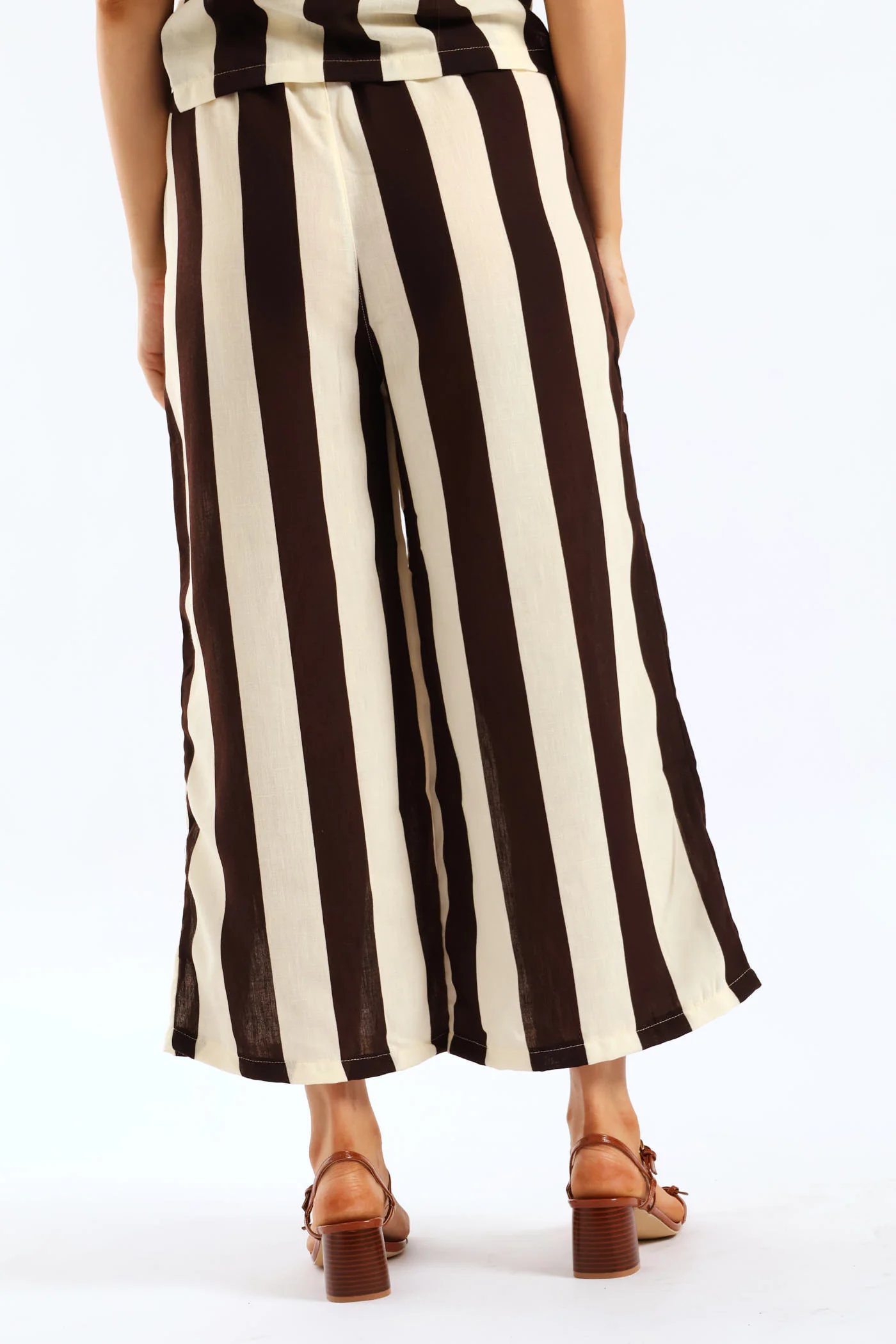 Elasticated Tie-Front Pull-On Bold Stripe Culotte Pant - Cream/Chocolate - Image 4