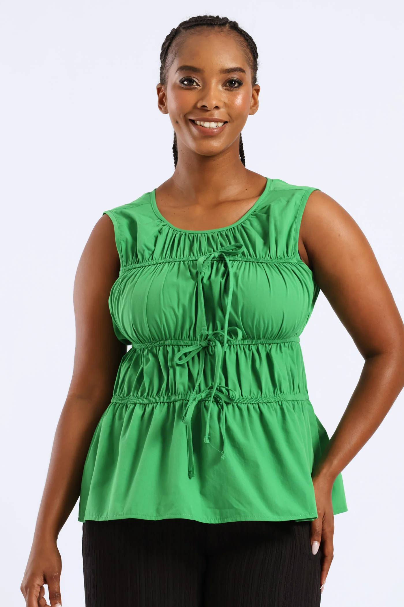 Elasticated Tiered Flare Bow Detail Top - Green - Image 6