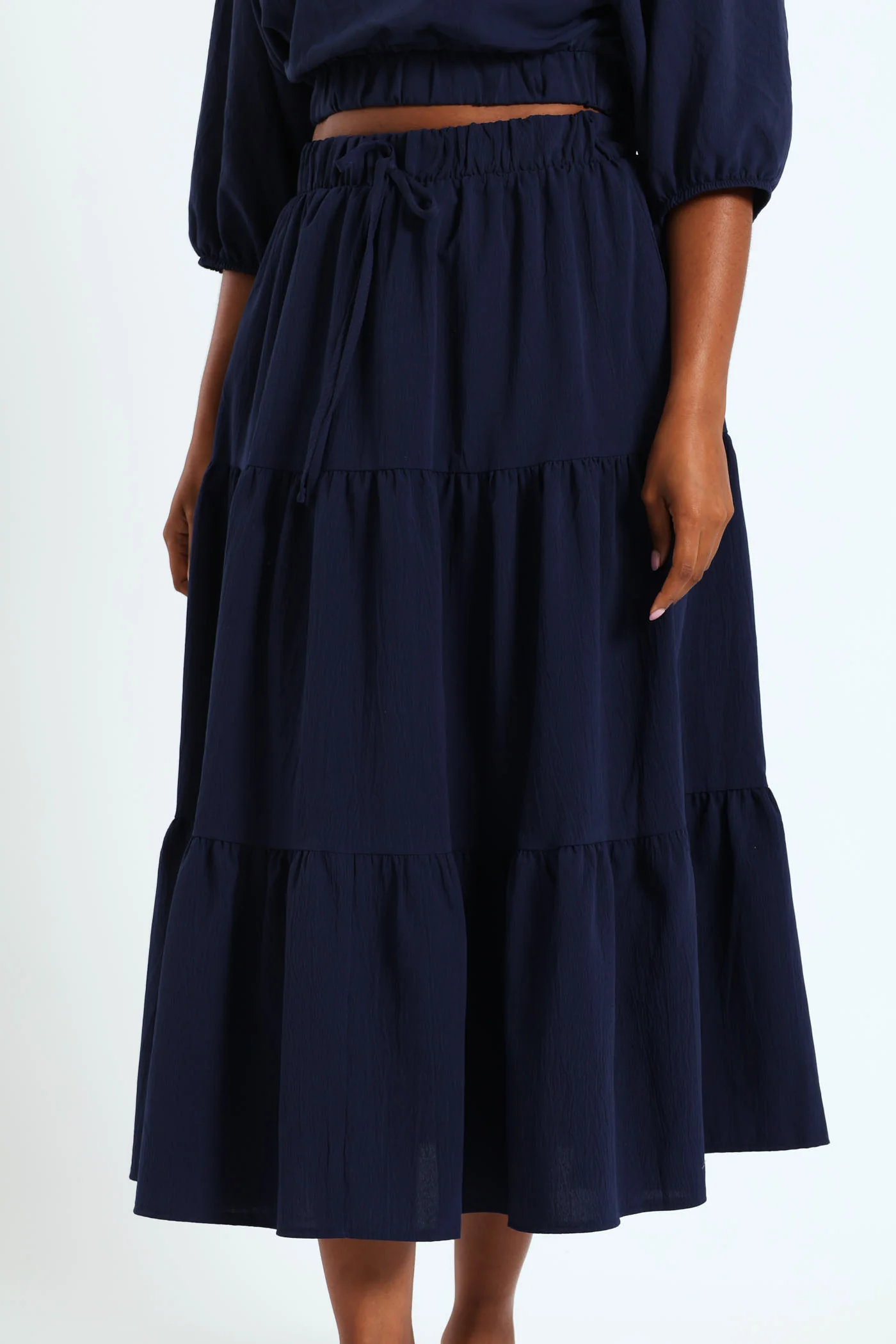 Elasticated Tiered Maxi Skirt - Navy - Image 2