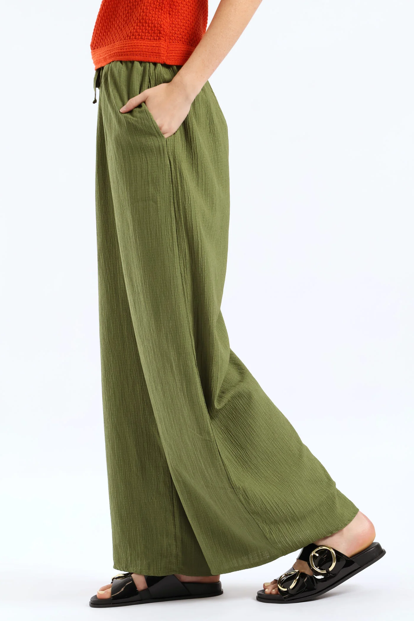 Elasticated Waist Crinkle Wideleg Pant - Deep Chartreuse - Image 2