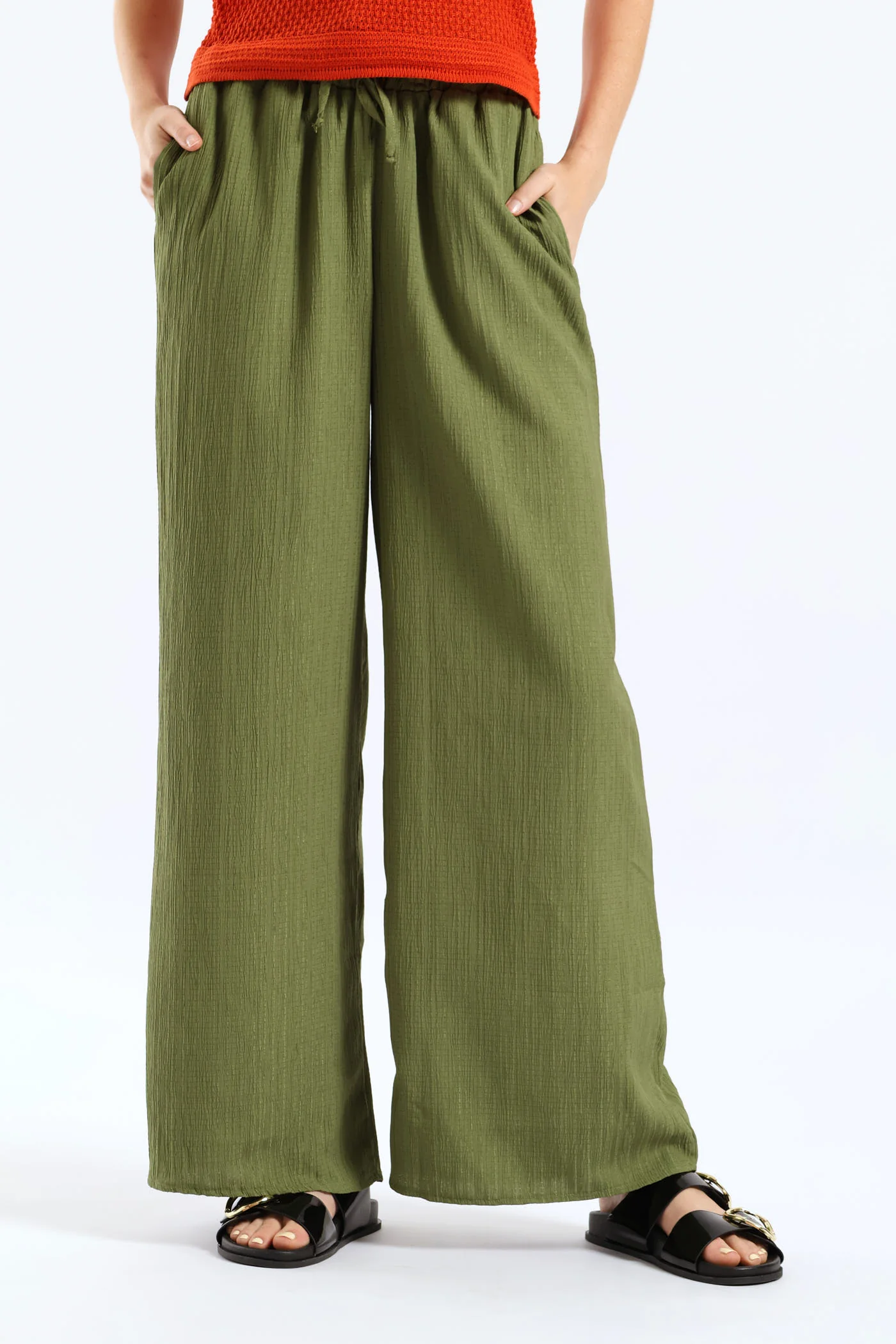 Elasticated Waist Crinkle Wideleg Pant - Deep Chartreuse - Image 3