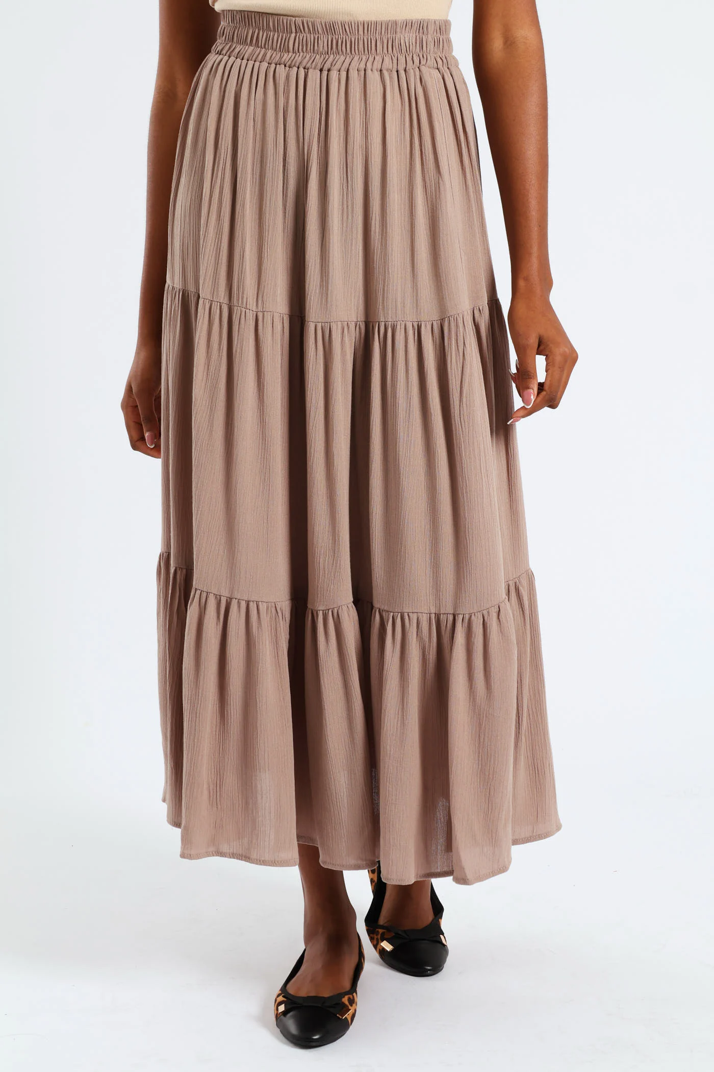 Elasticated Waist Tiered Gypsy Maxi Skirt - Taupe - Image 2