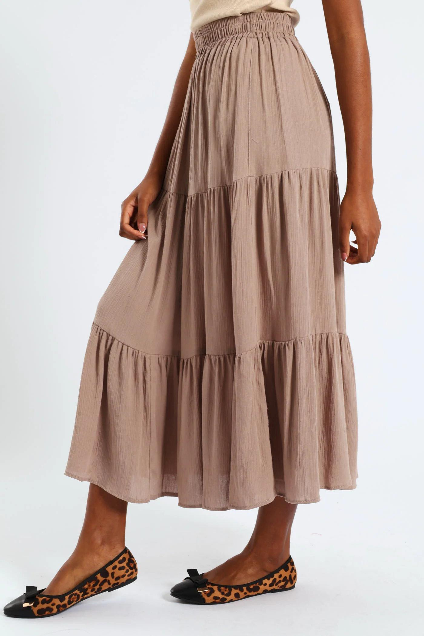 Elasticated Waist Tiered Gypsy Maxi Skirt - Taupe - Image 3