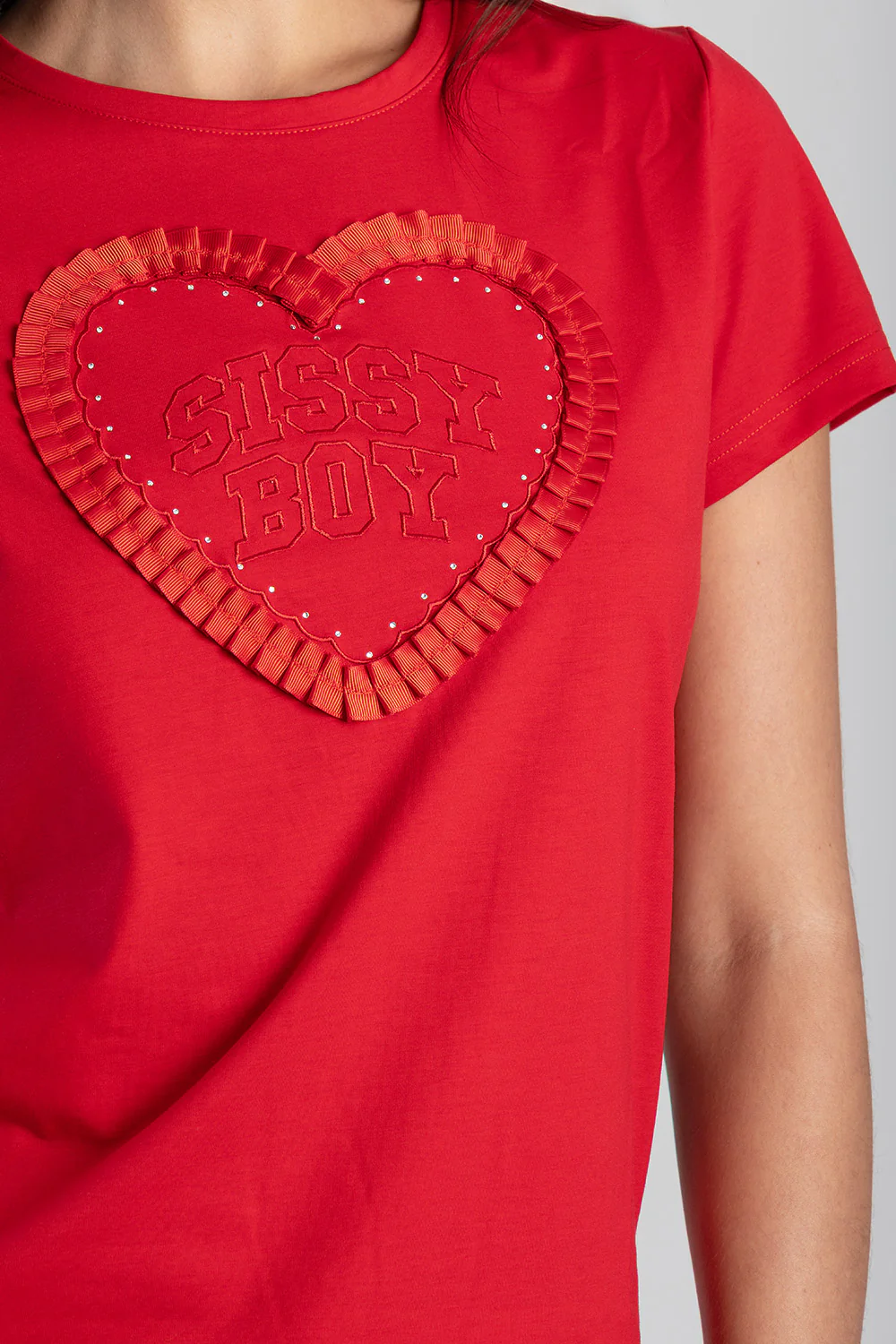 Electric Heart Ribbon Heart Applique T-Shirt - Red - Image 2