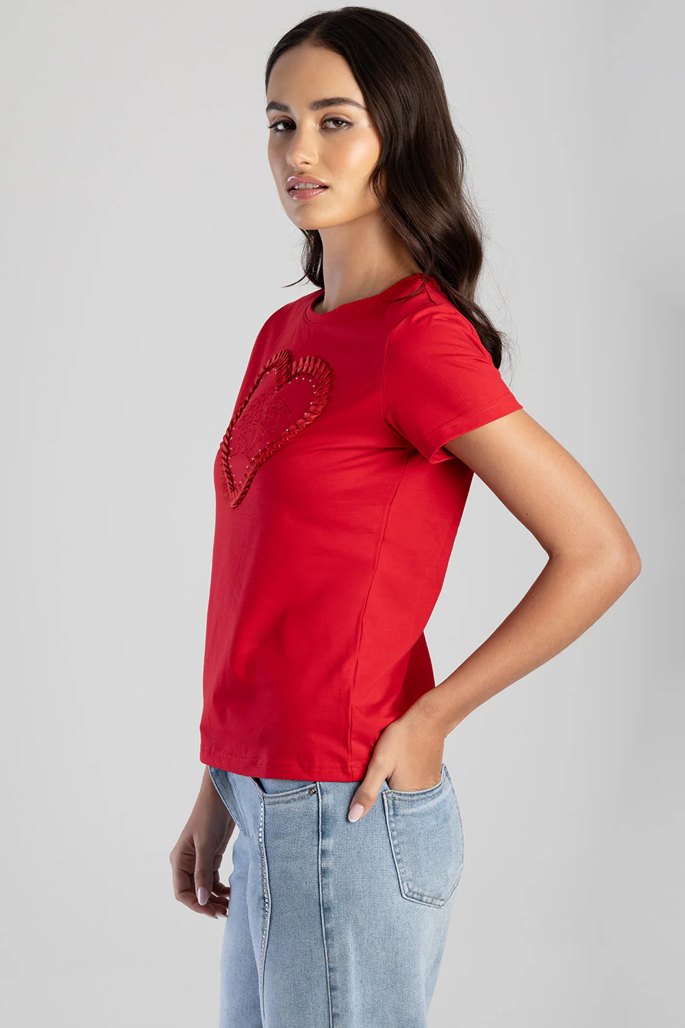 Electric Heart Ribbon Heart Applique T-Shirt - Red - Image 3