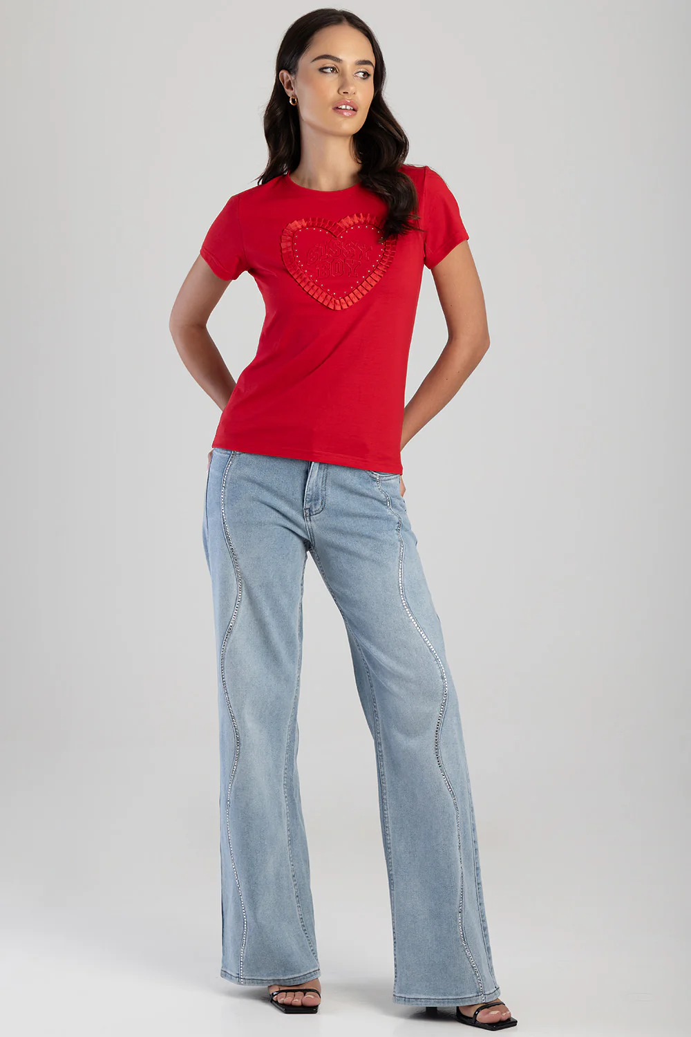 Electric Heart Ribbon Heart Applique T-Shirt - Red - Image 5