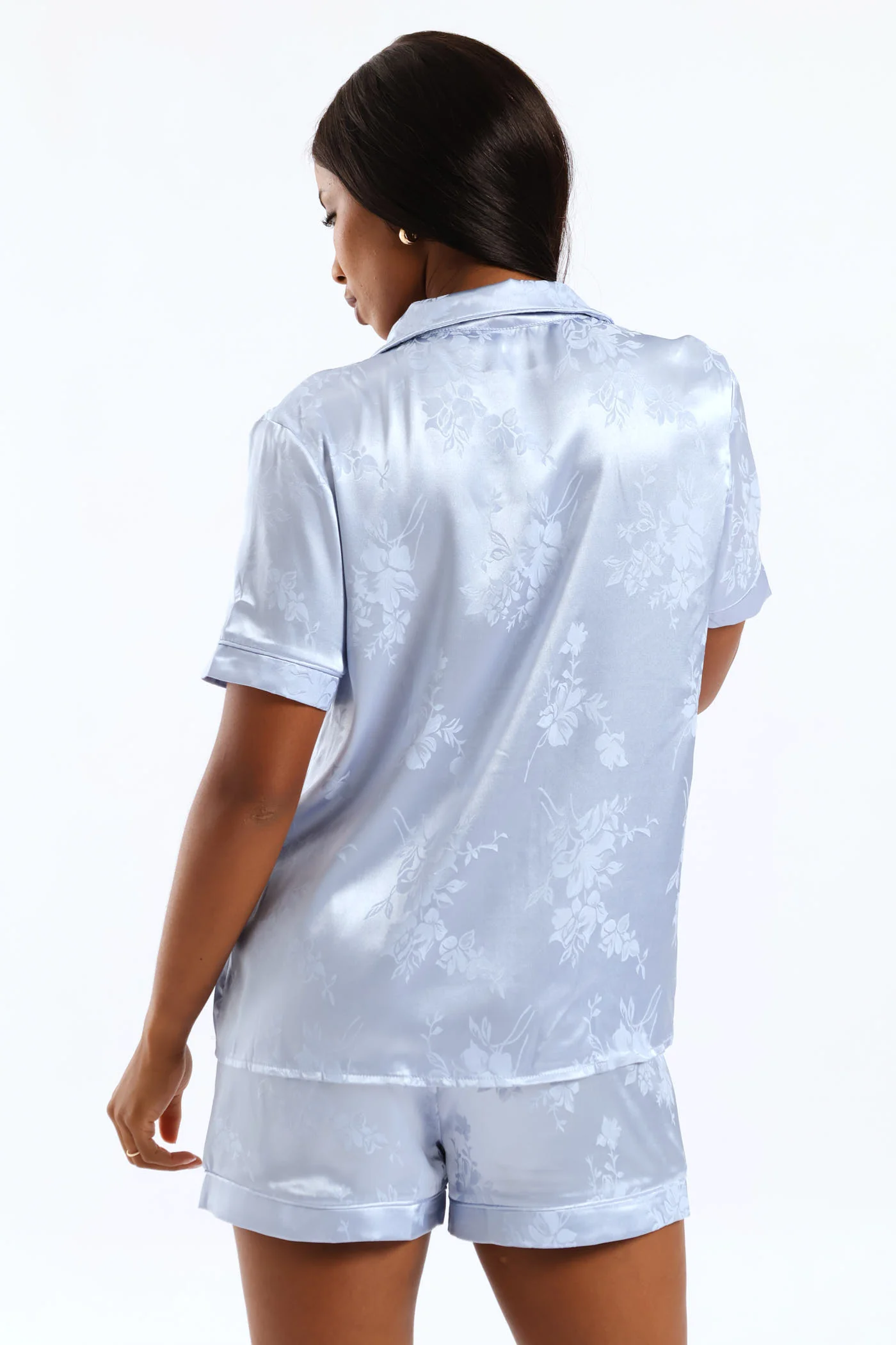 Embossed Floral Button Through & Satin Short Set - Blue - Image 3