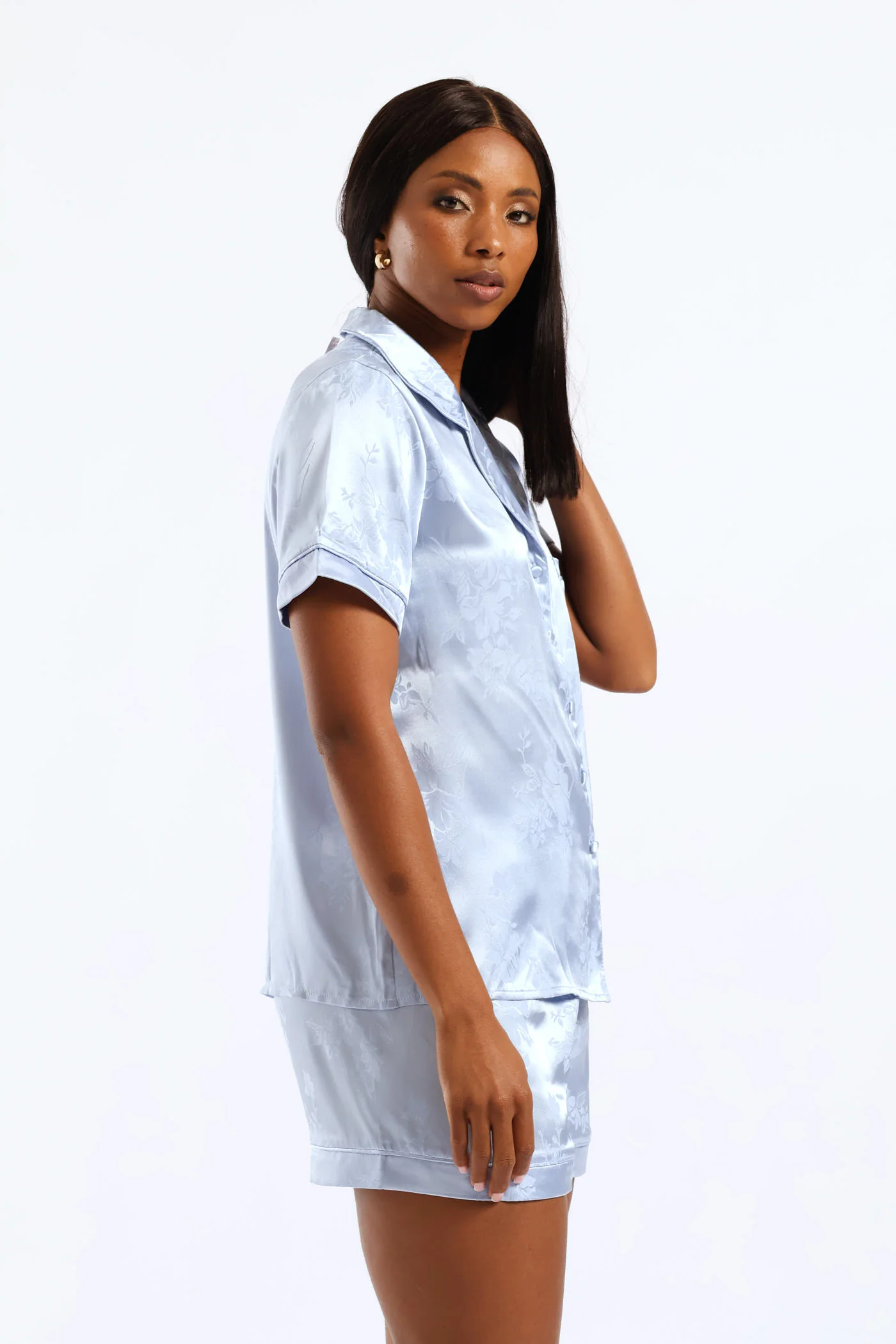 Embossed Floral Button Through & Satin Short Set - Blue - Image 6