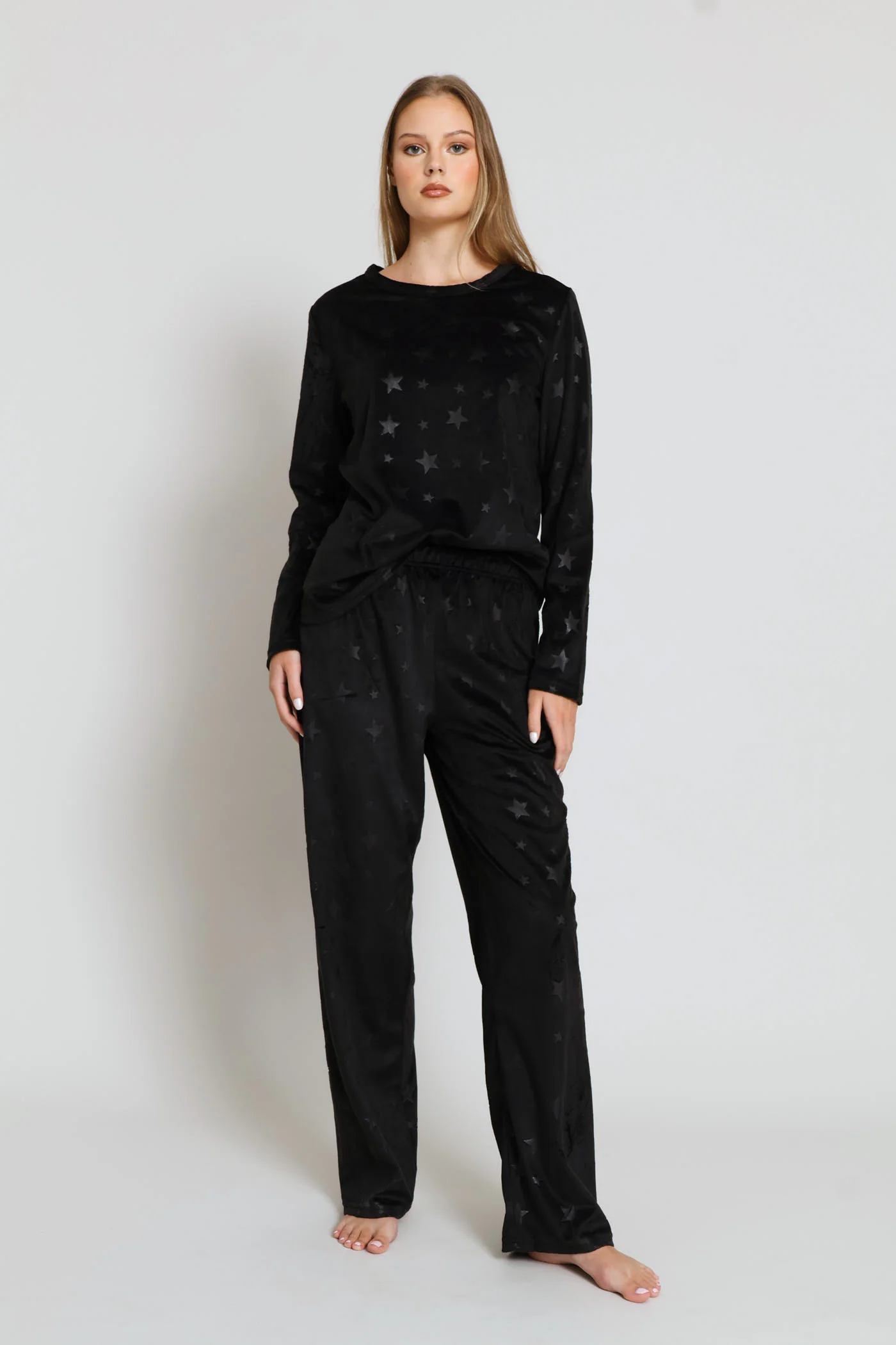 Embossed Velour Long Sleeve Top & Pant Set - Black - Image 2