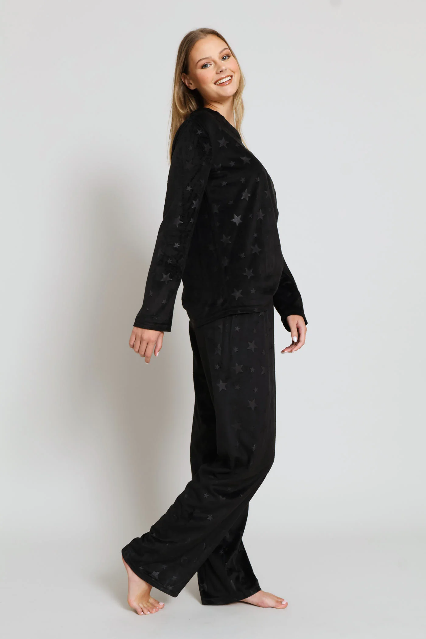 Embossed Velour Long Sleeve Top & Pant Set - Black - Image 5