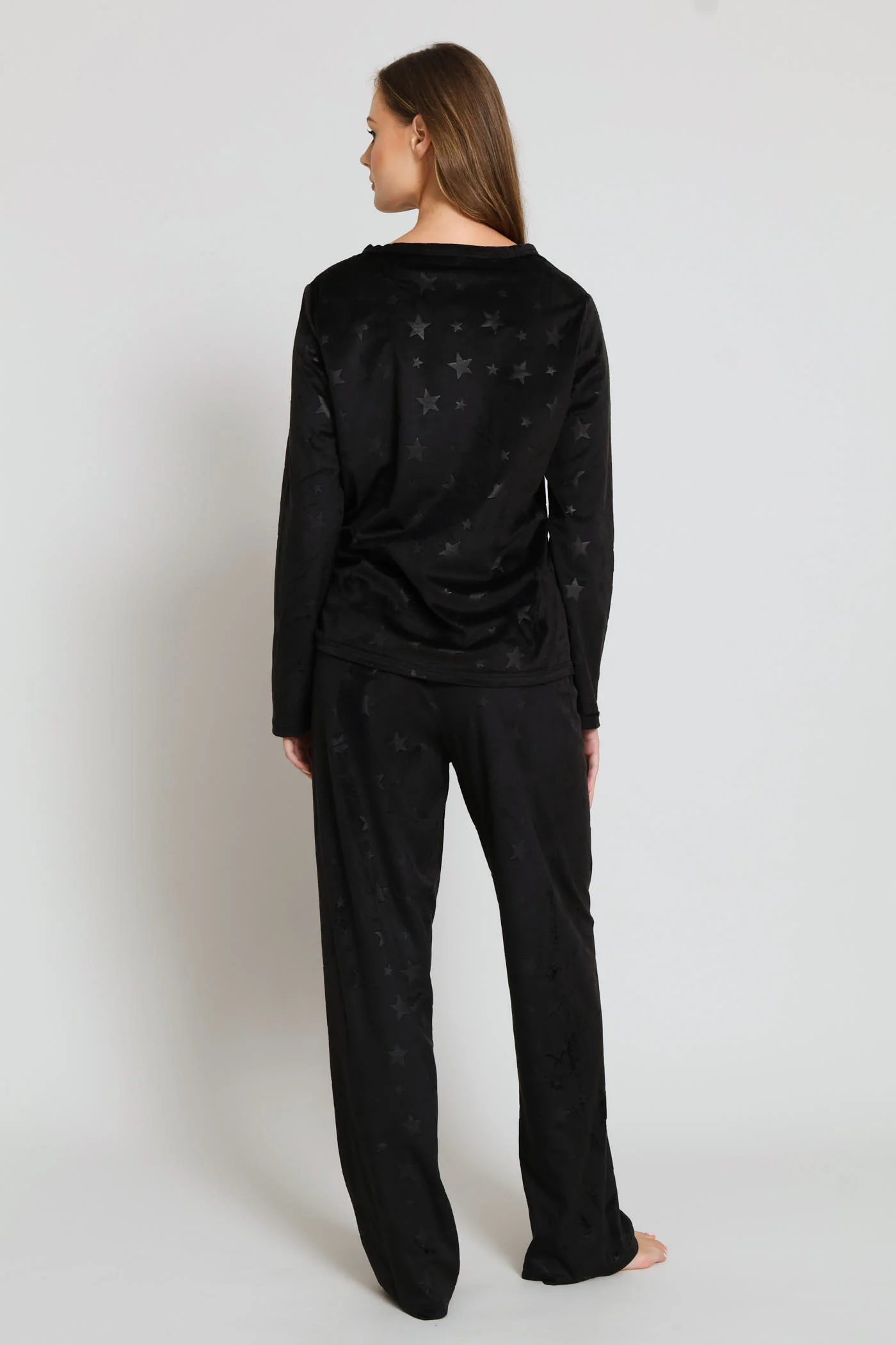 Embossed Velour Long Sleeve Top & Pant Set - Black - Image 6