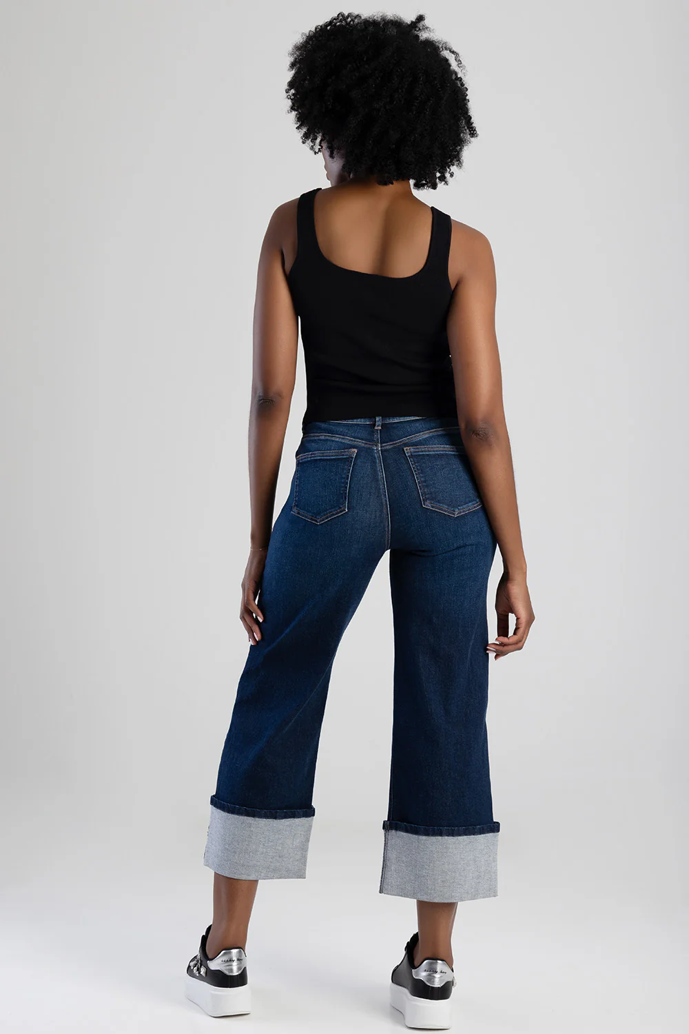 Embrodiered High Waist Turn Up Wide Leg Denim - Dark Wash - Image 3