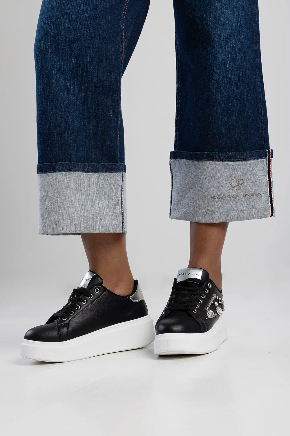 Embrodiered High Waist Turn Up Wide Leg Denim - Dark Wash - Image 4
