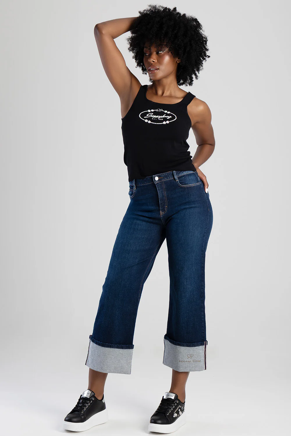 Embrodiered High Waist Turn Up Wide Leg Denim - Dark Wash - Image 6