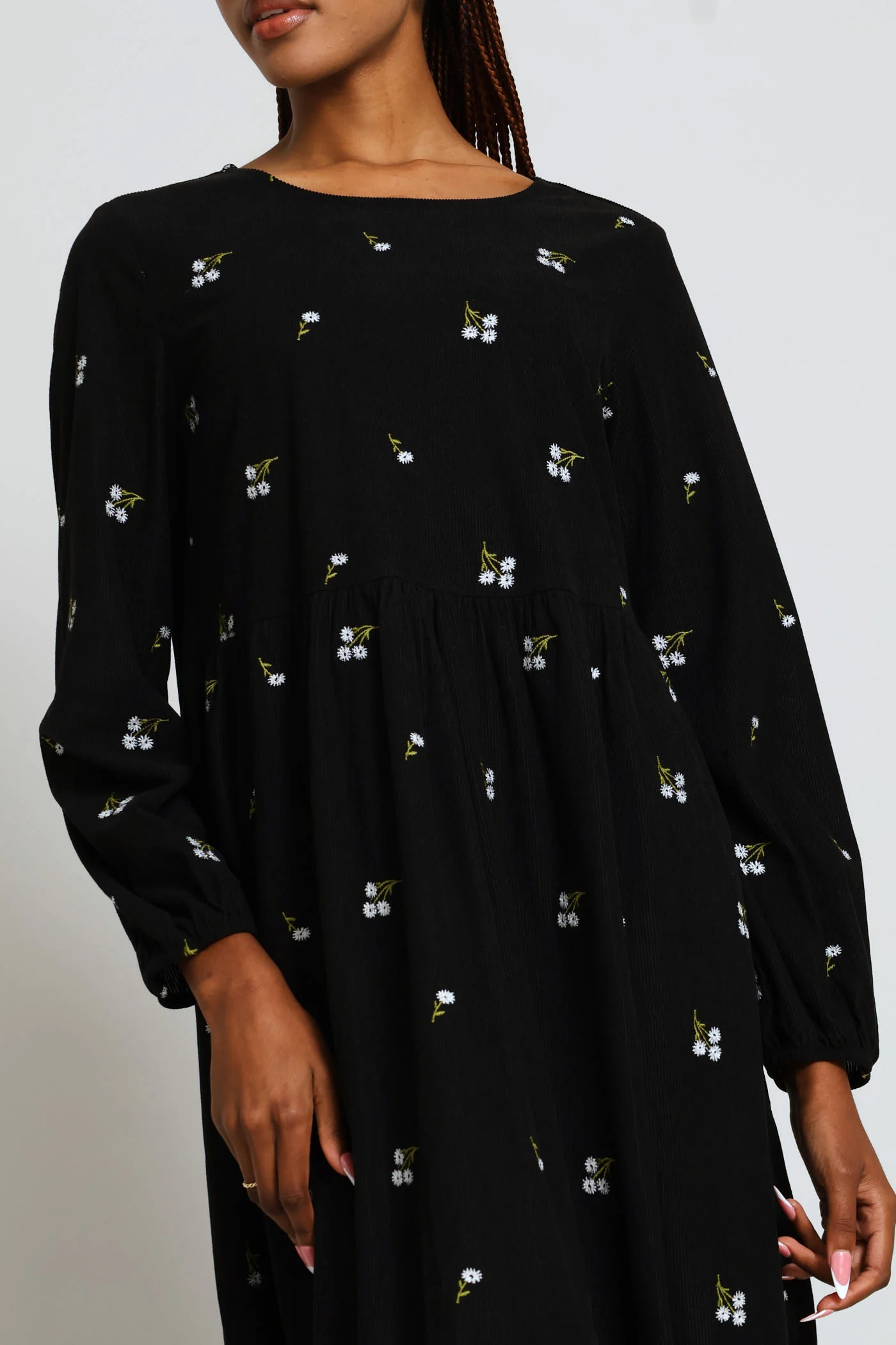 Embroidered Corduroy Tiered Midi Dress - Black - Image 2