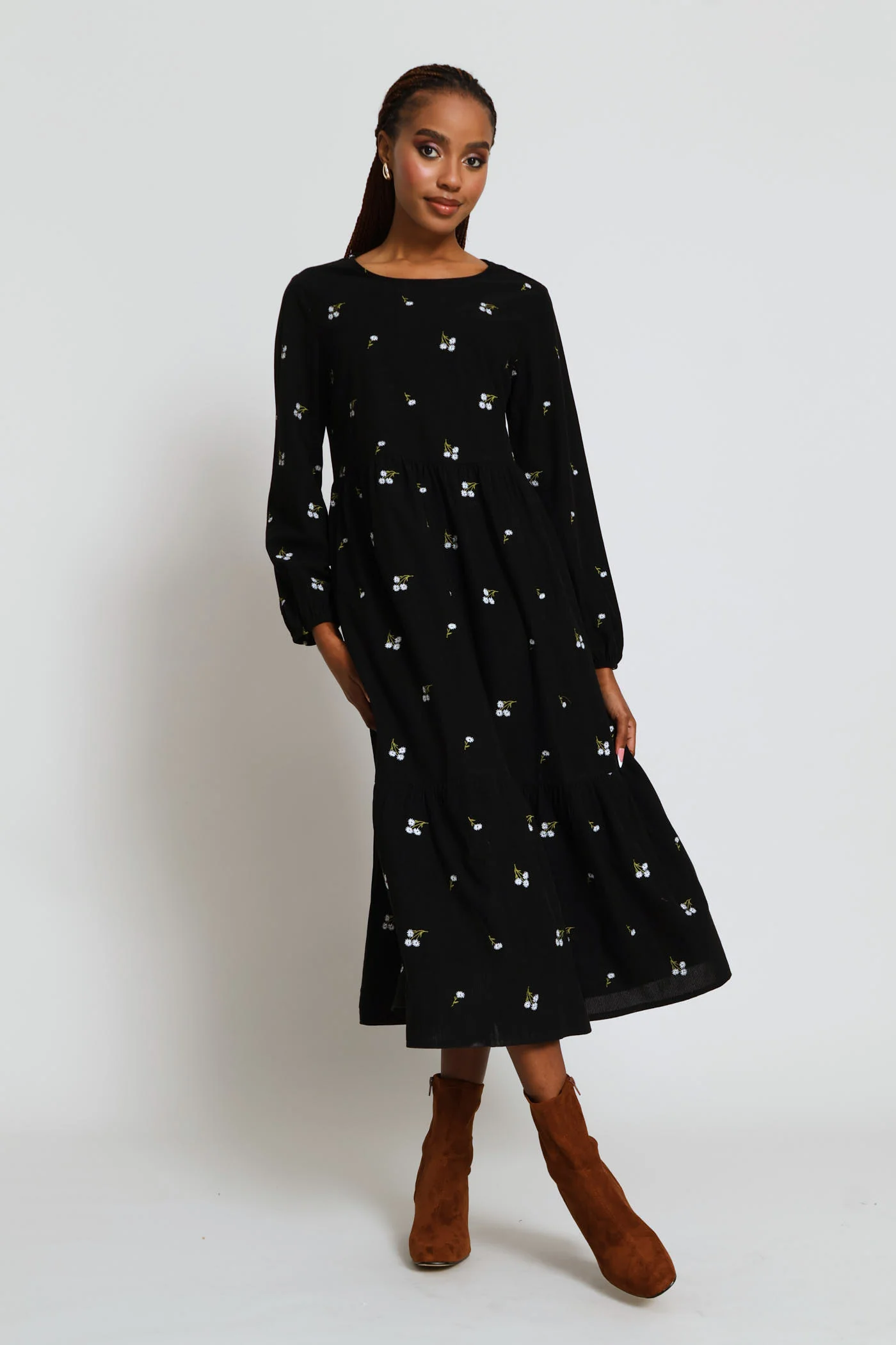 Embroidered Corduroy Tiered Midi Dress - Black - Image 3