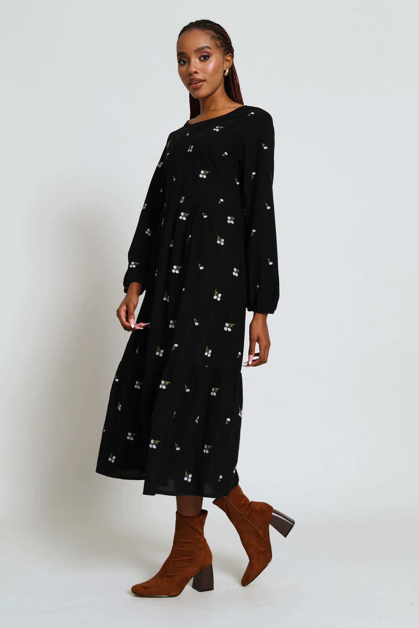 Embroidered Corduroy Tiered Midi Dress - Black - Image 4