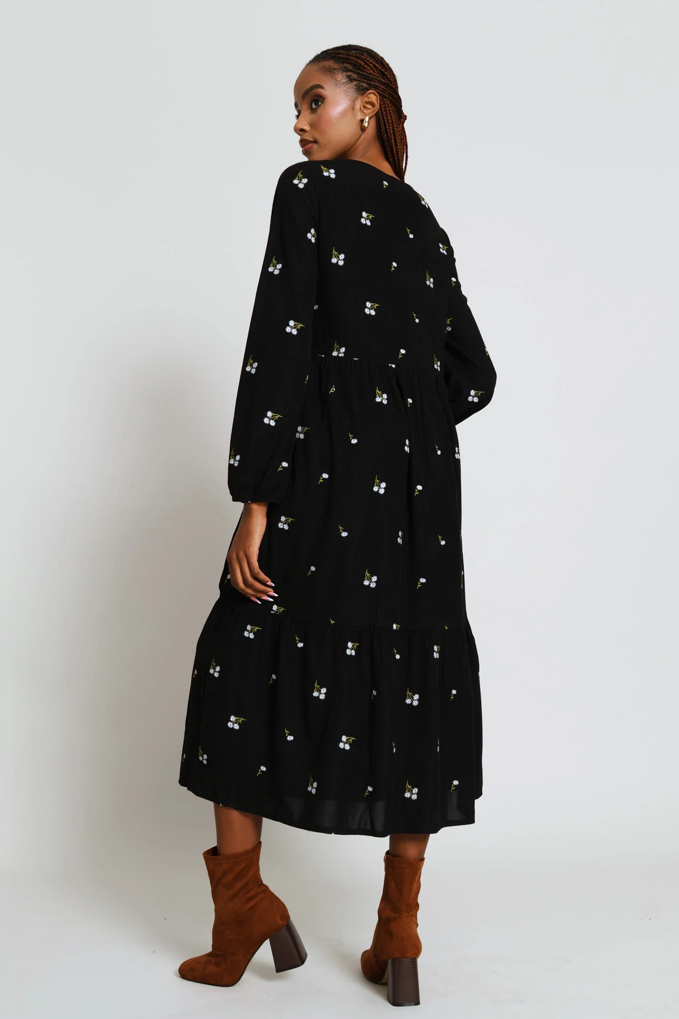 Embroidered Corduroy Tiered Midi Dress - Black - Image 5