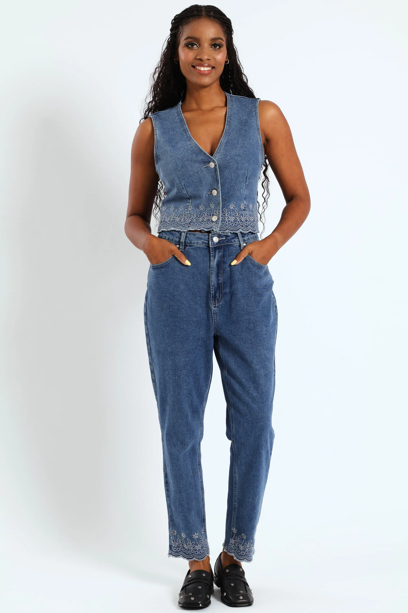 Embroidered Denim Waistcoat - Salty Mid Wash - Image 2