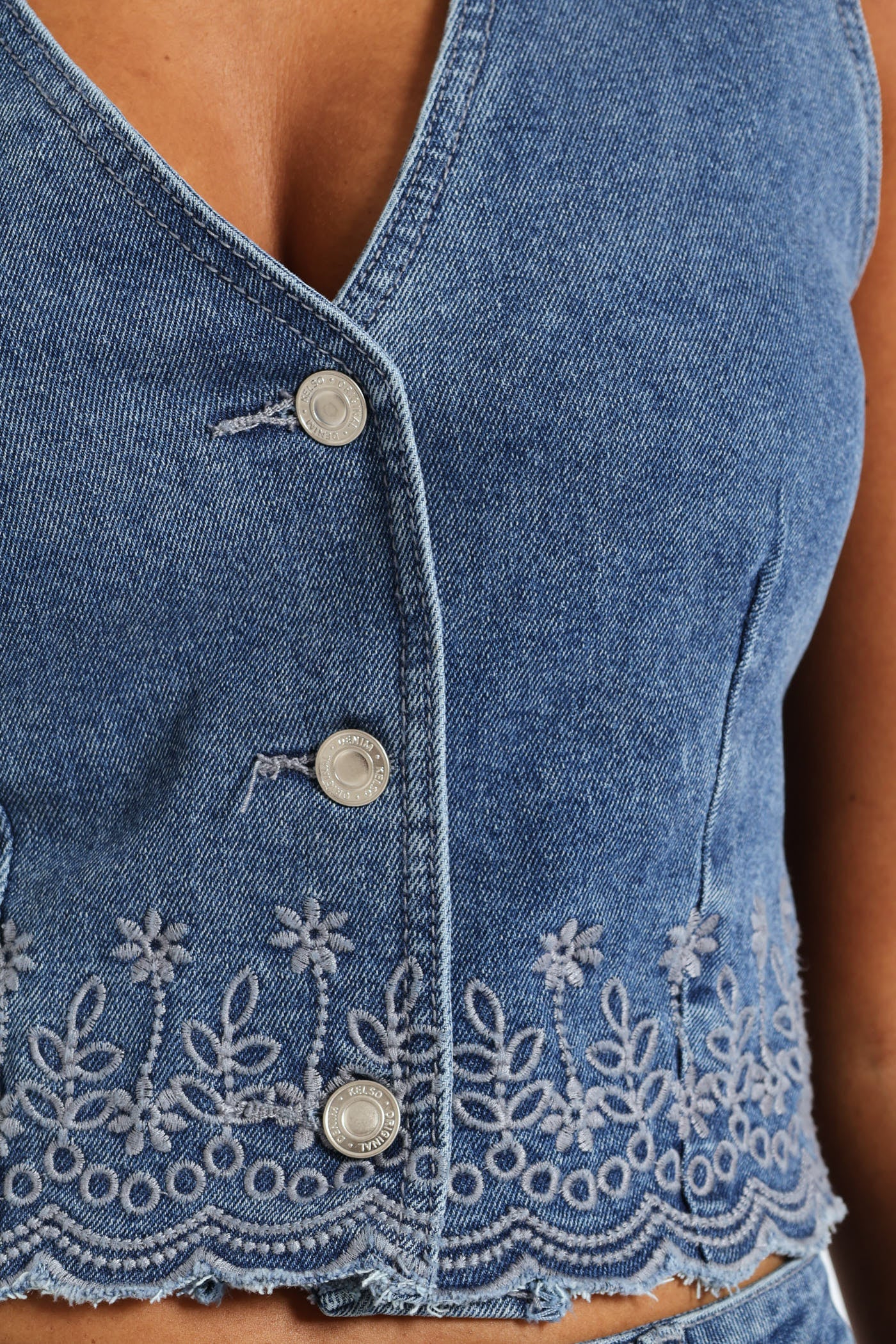 Embroidered Denim Waistcoat - Salty Mid Wash - Image 5