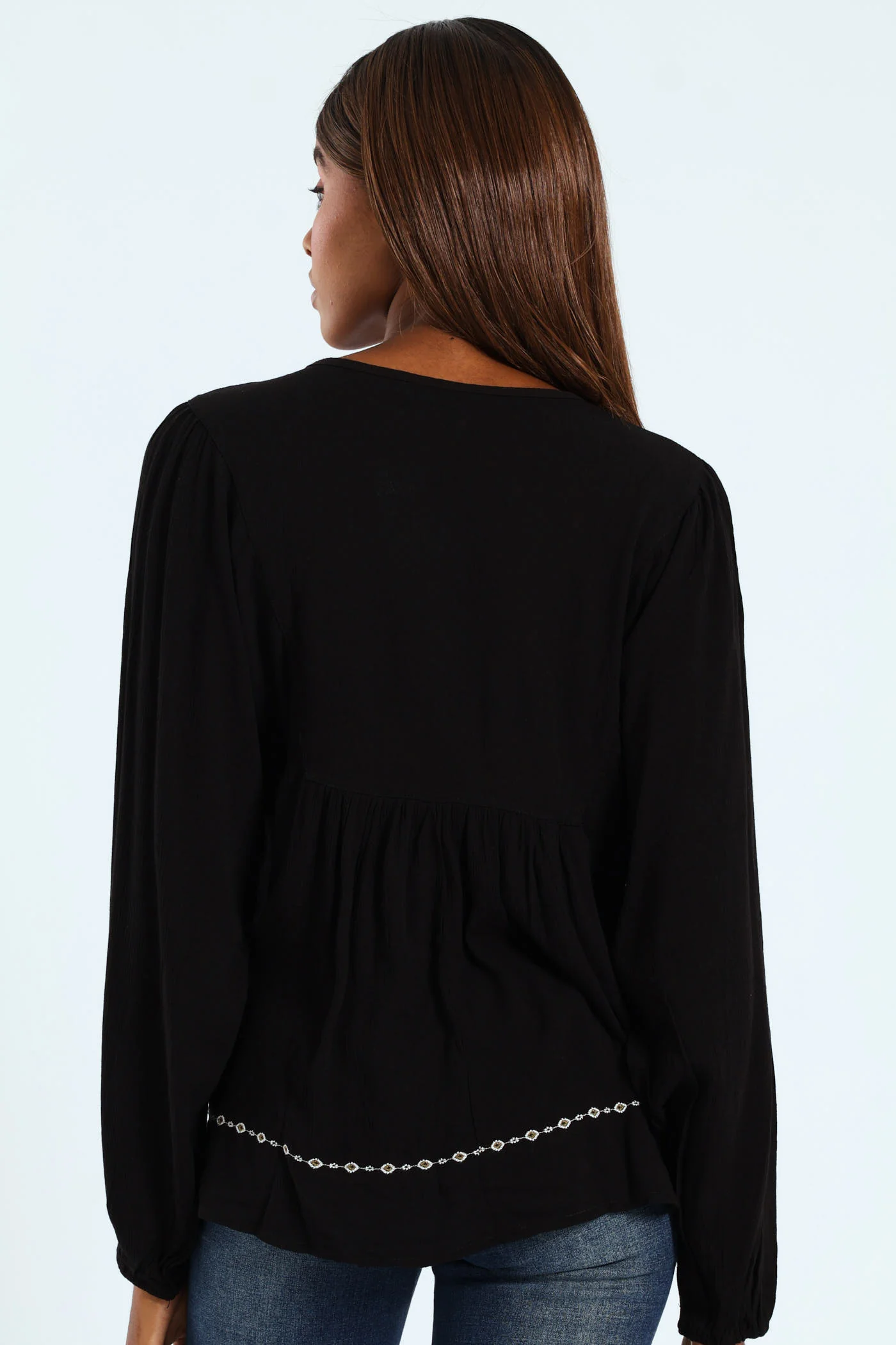 Embroidered Detail Boho Blouse - Black - Image 3