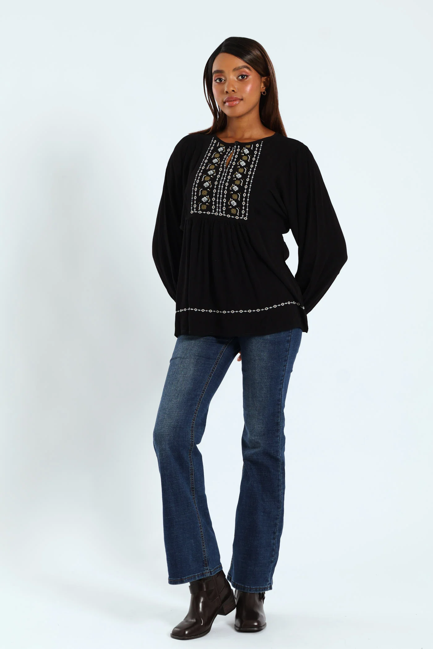 Embroidered Detail Boho Blouse - Black - Image 4