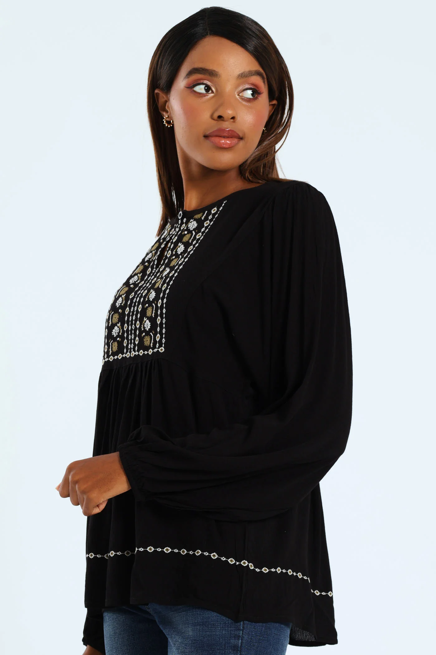 Embroidered Detail Boho Blouse - Black - Image 5