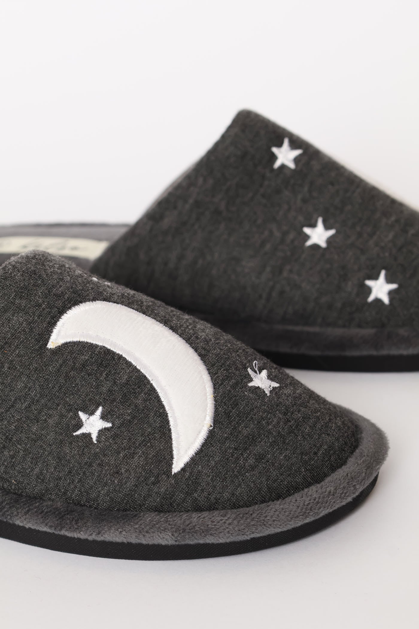 Embroidered Moon & Star Slipper - Charcoal - Image 2